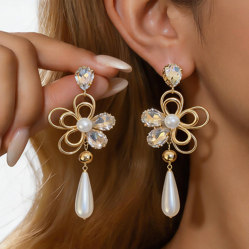 Women French Retro Exaggerated Cubic Zirconia Tassel Pearl Dangle Stud Earrings,Vintage Style Versatile Fashion Statement Jewelry For Party Occasion
