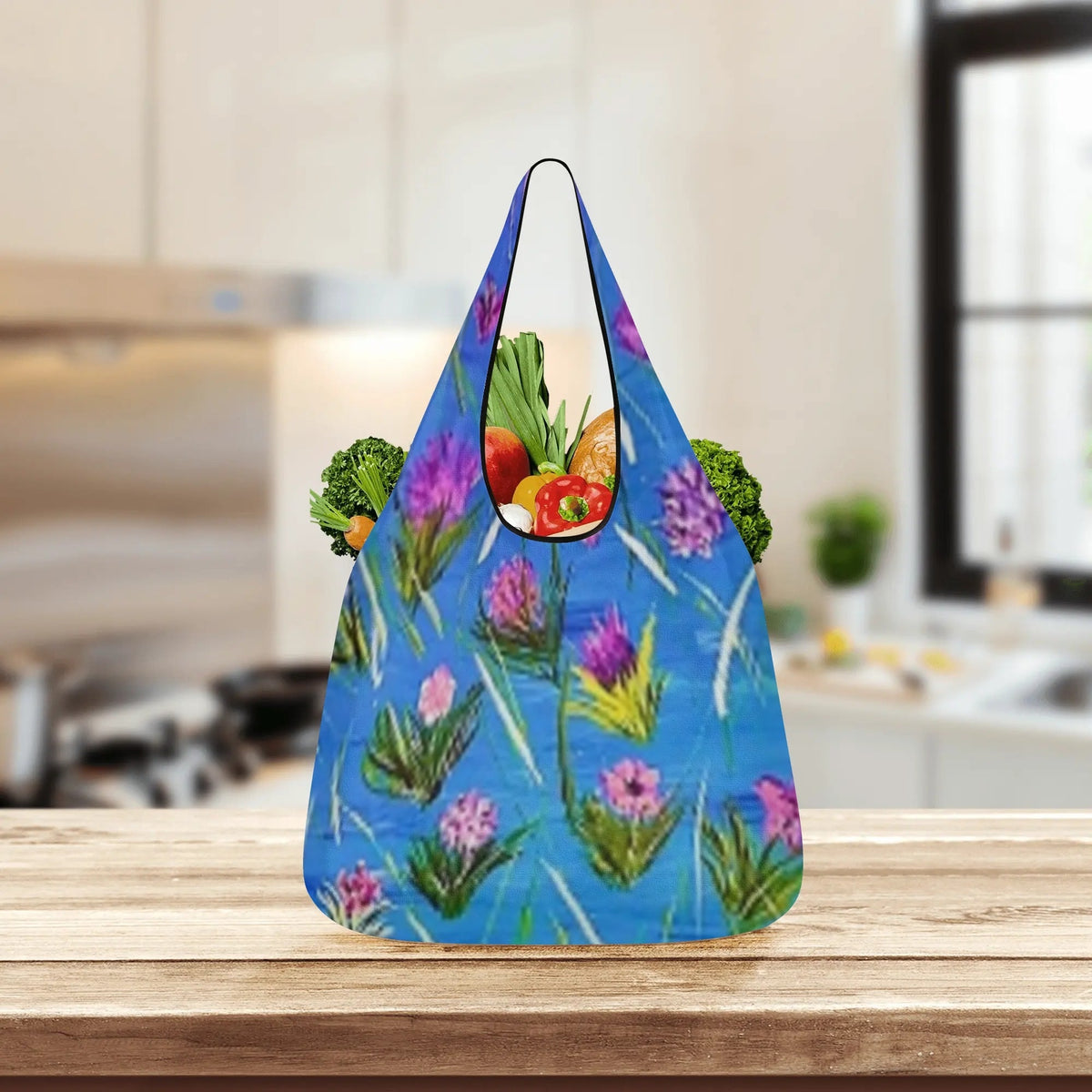 Pink Flowers on Blue Grocery Bags (Set of 3)
