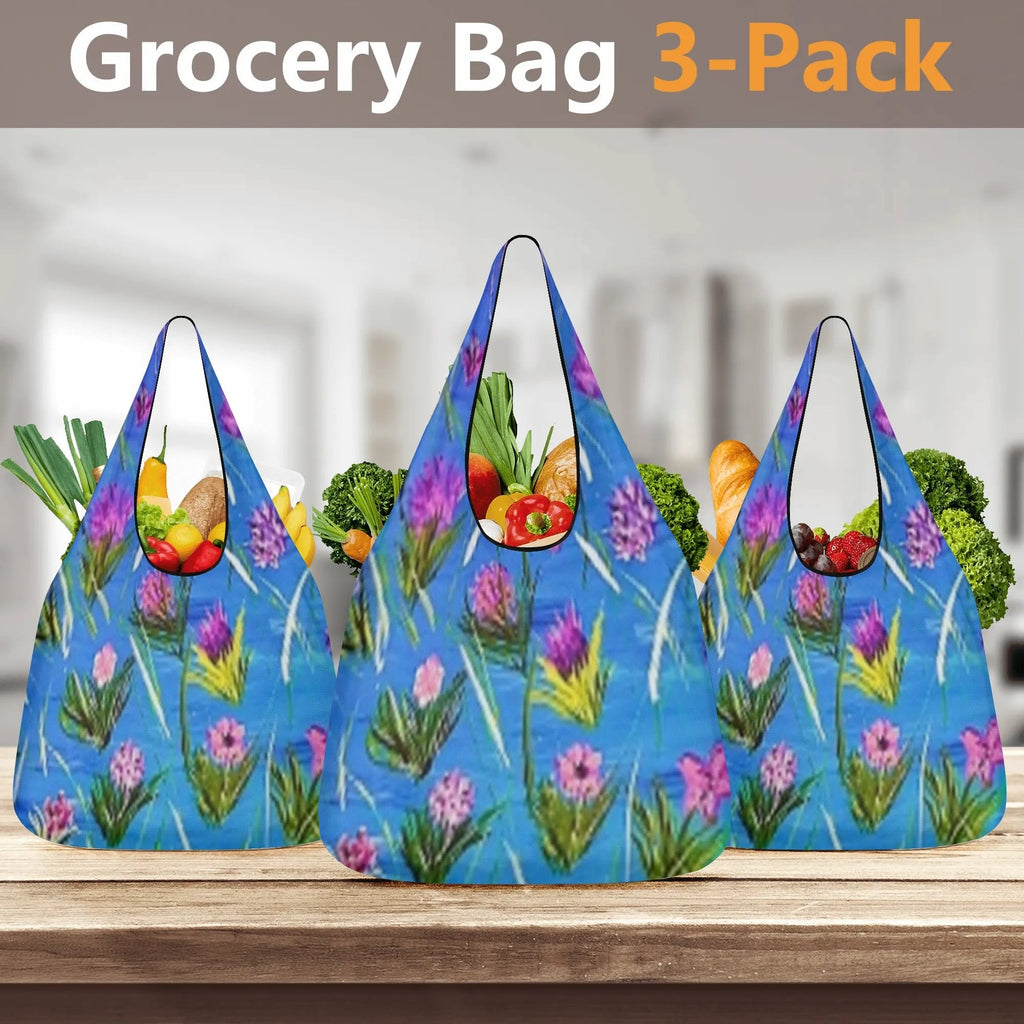 Pink Flowers on Blue Grocery Bags (Set of 3)