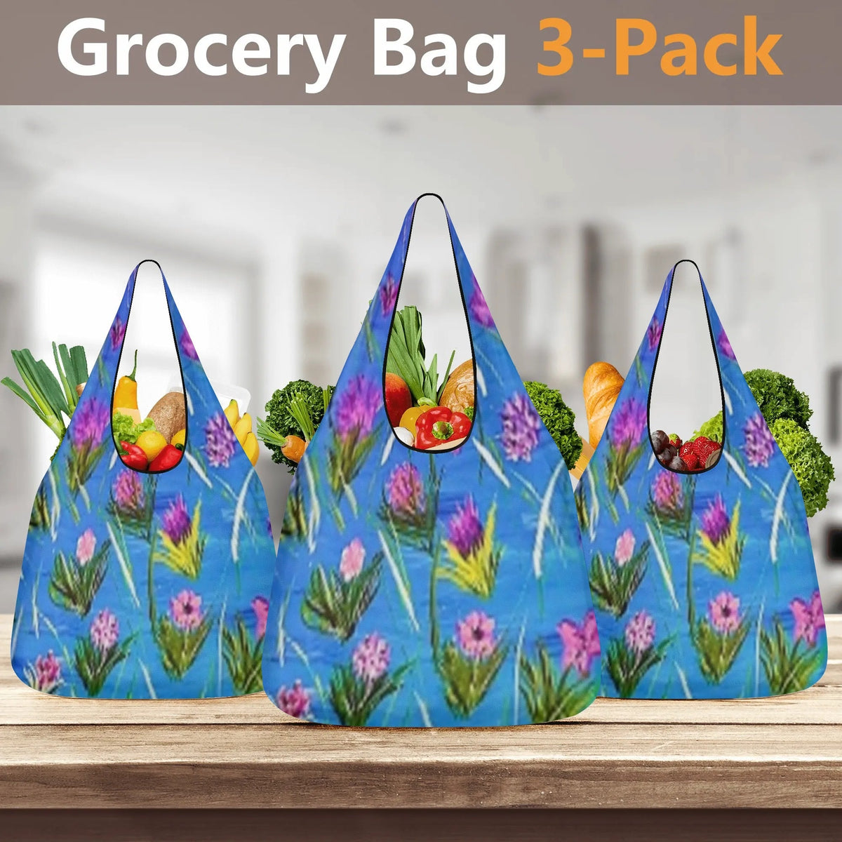 Pink Flowers on Blue Grocery Bags (Set of 3)