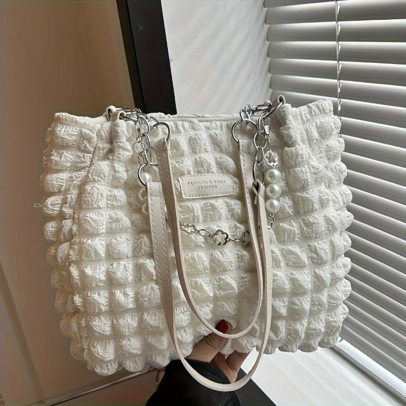 Women's Pleated Bubble Shoulder Bag with Decorative Chain Accent - Image 2