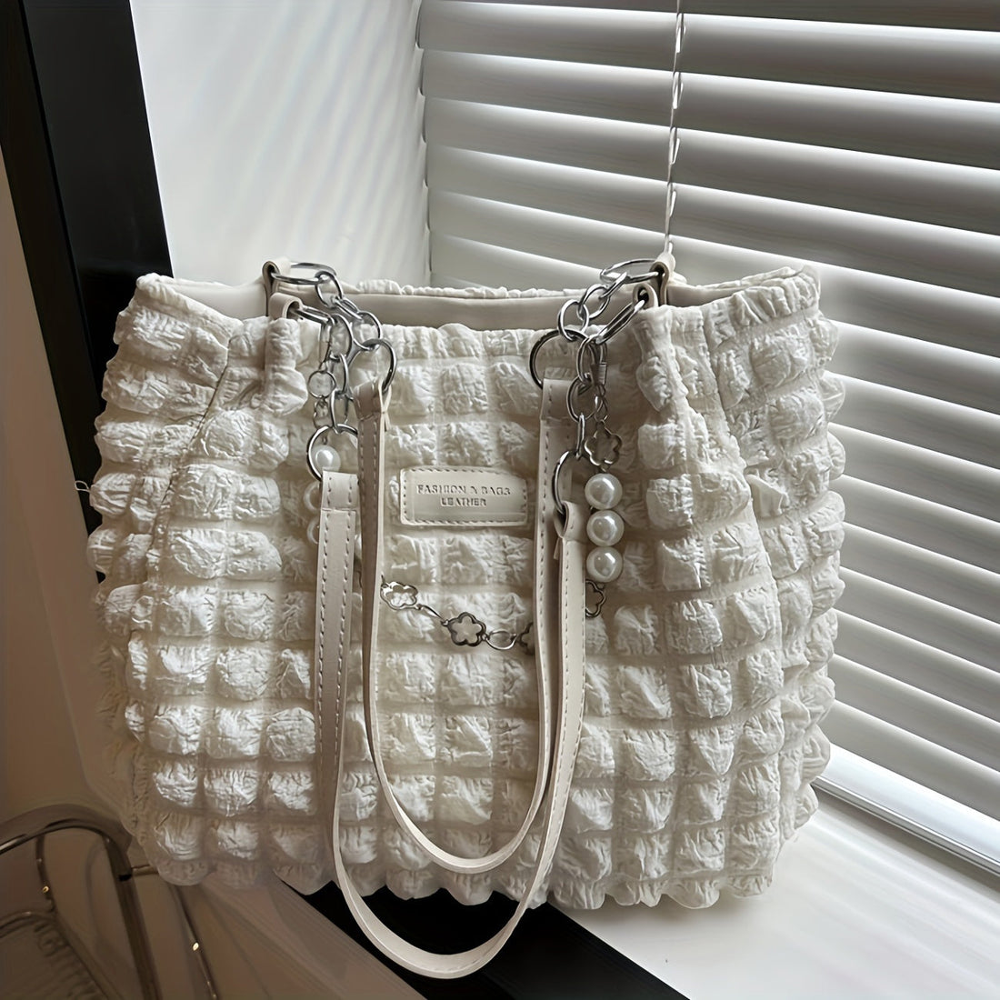 Women's Pleated Bubble Shoulder Bag with Decorative Chain Accent - Image 9