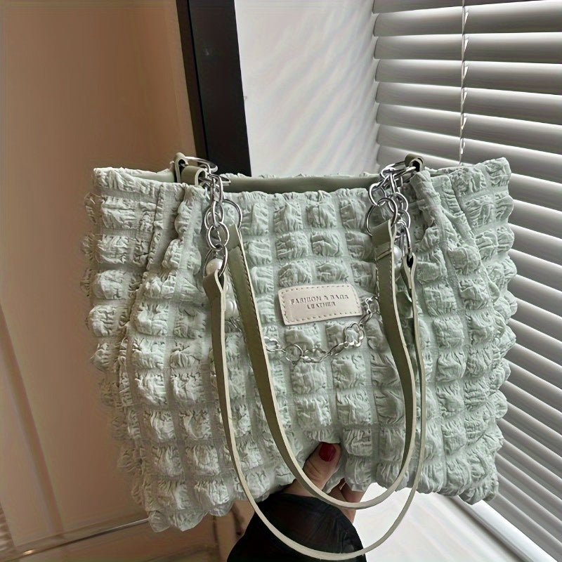 Women's Pleated Bubble Shoulder Bag with Decorative Chain Accent - Image 5