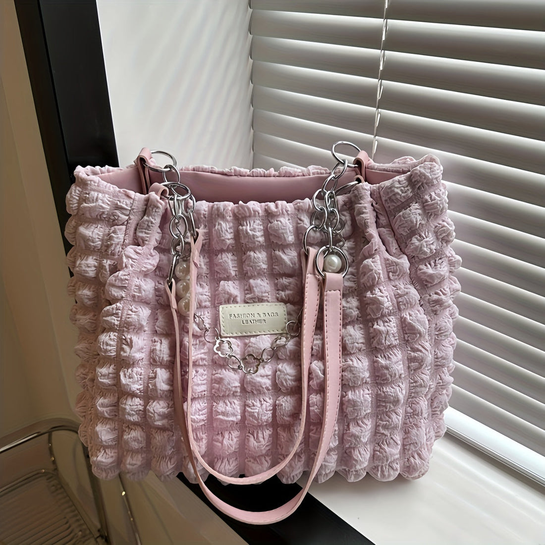 Women's Pleated Bubble Shoulder Bag with Decorative Chain Accent - Image 8