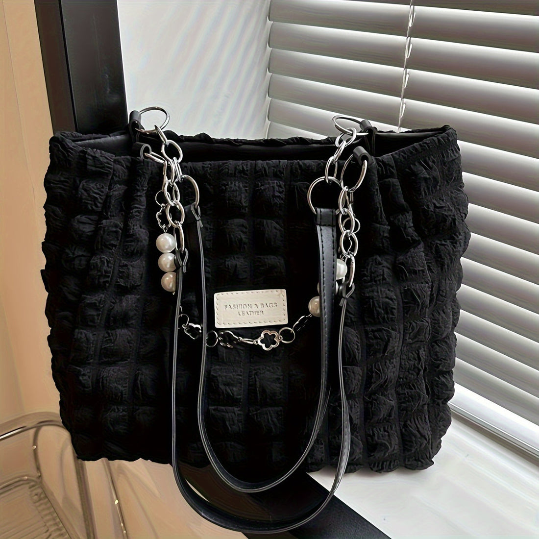 Women's Pleated Bubble Shoulder Bag with Decorative Chain Accent - Image 10