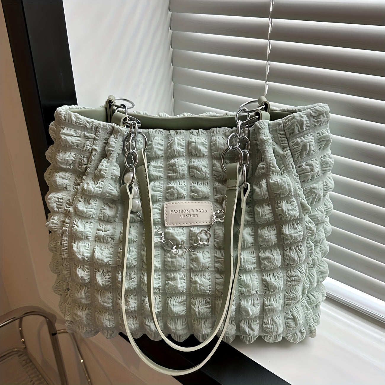 Women's Pleated Bubble Shoulder Bag with Decorative Chain Accent - Image 7