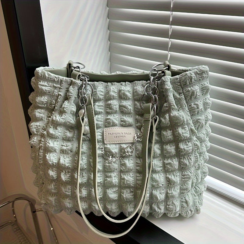 Women's Pleated Bubble Shoulder Bag with Decorative Chain Accent - Image 6