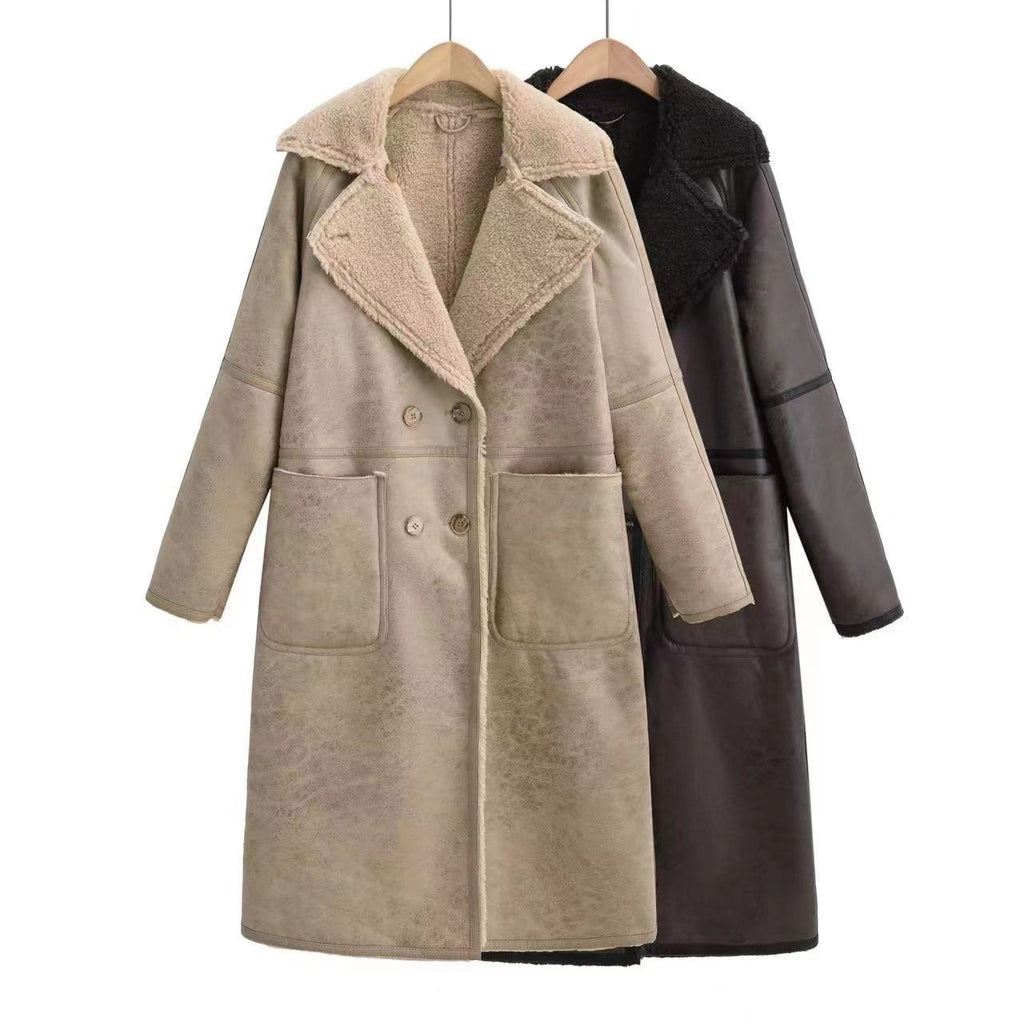 Women’s Double-Breasted Faux Leather Trench Coat with Sherpa Lining - Image 9