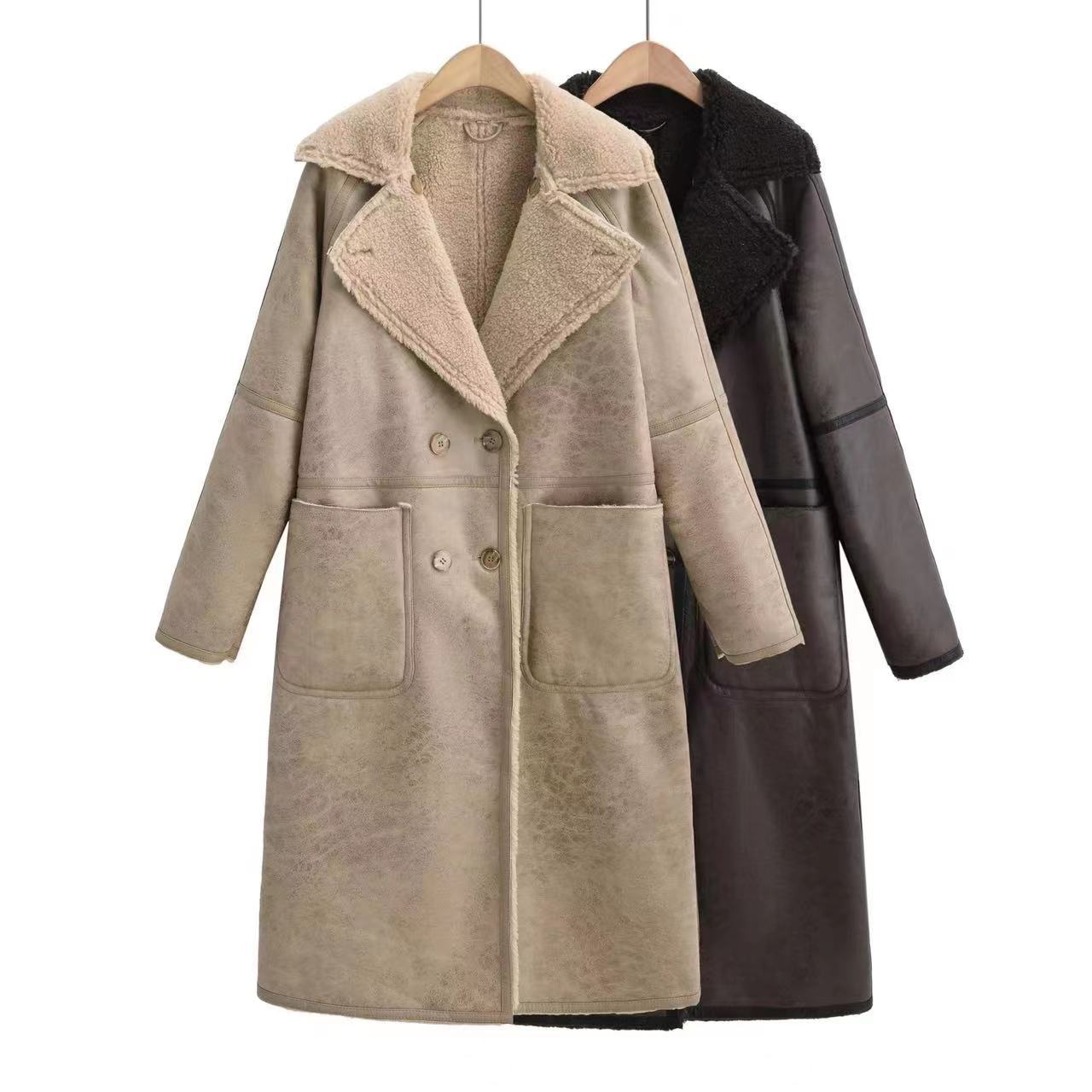Women’s Double-Breasted Faux Leather Trench Coat with Sherpa Lining - Image 9