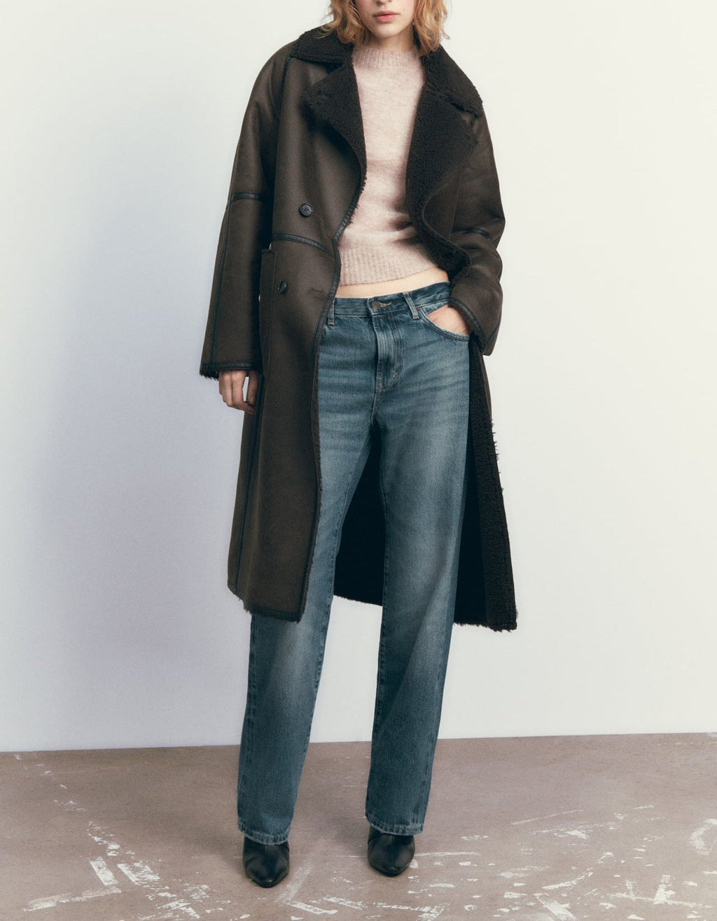 Women’s Double-Breasted Faux Leather Trench Coat with Sherpa Lining - Image 3