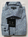 Close up of men's blue long sleeve dress shirt with floral pattern
