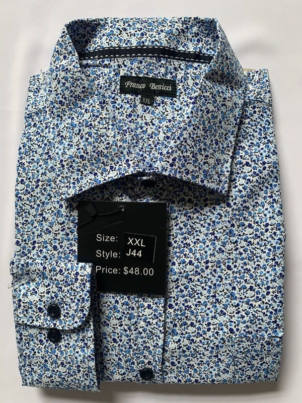 Close up of men's blue long sleeve dress shirt with floral pattern