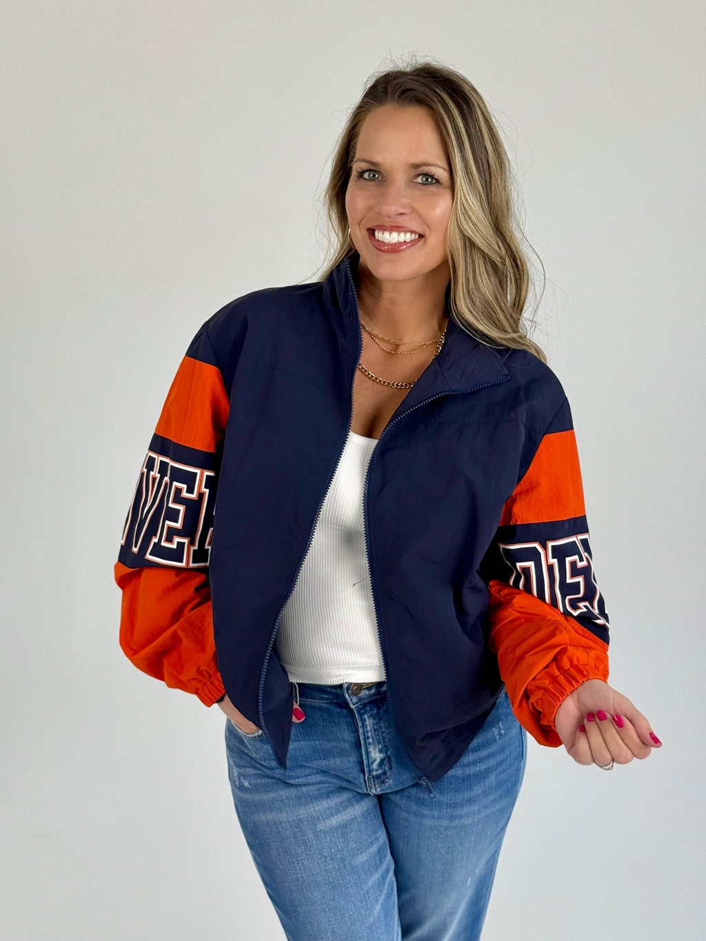 Denver Retro Jacket Women's Navy and Orange Sporty Bomber Zip-Up