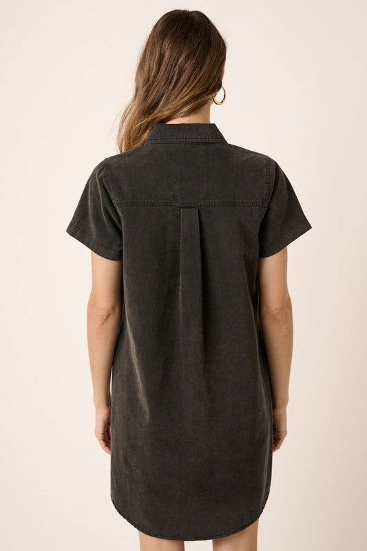 Washed Black Collared Short Sleeve Denim Shirt Dress