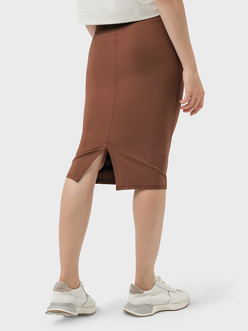 Brown Slit Wrap Active Skirt Stretchy Midi Athletic Skirt - Image 2