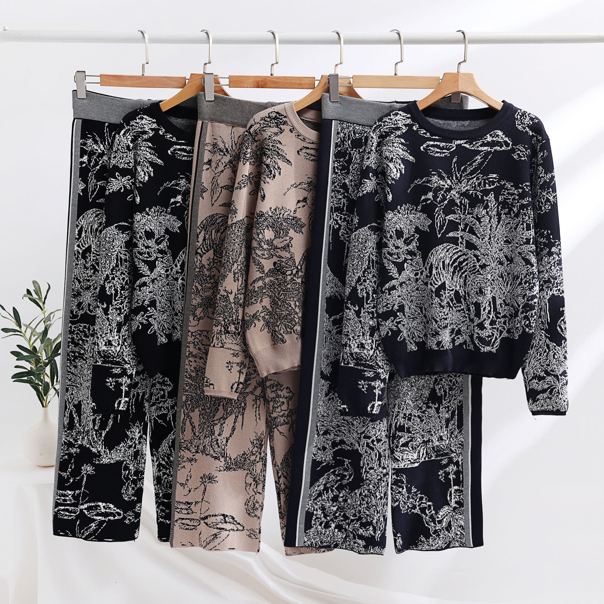 Knitting Patterns Two-piece Set Pullover Long Sleeve Sweater High Waist Wide Leg Top Suit