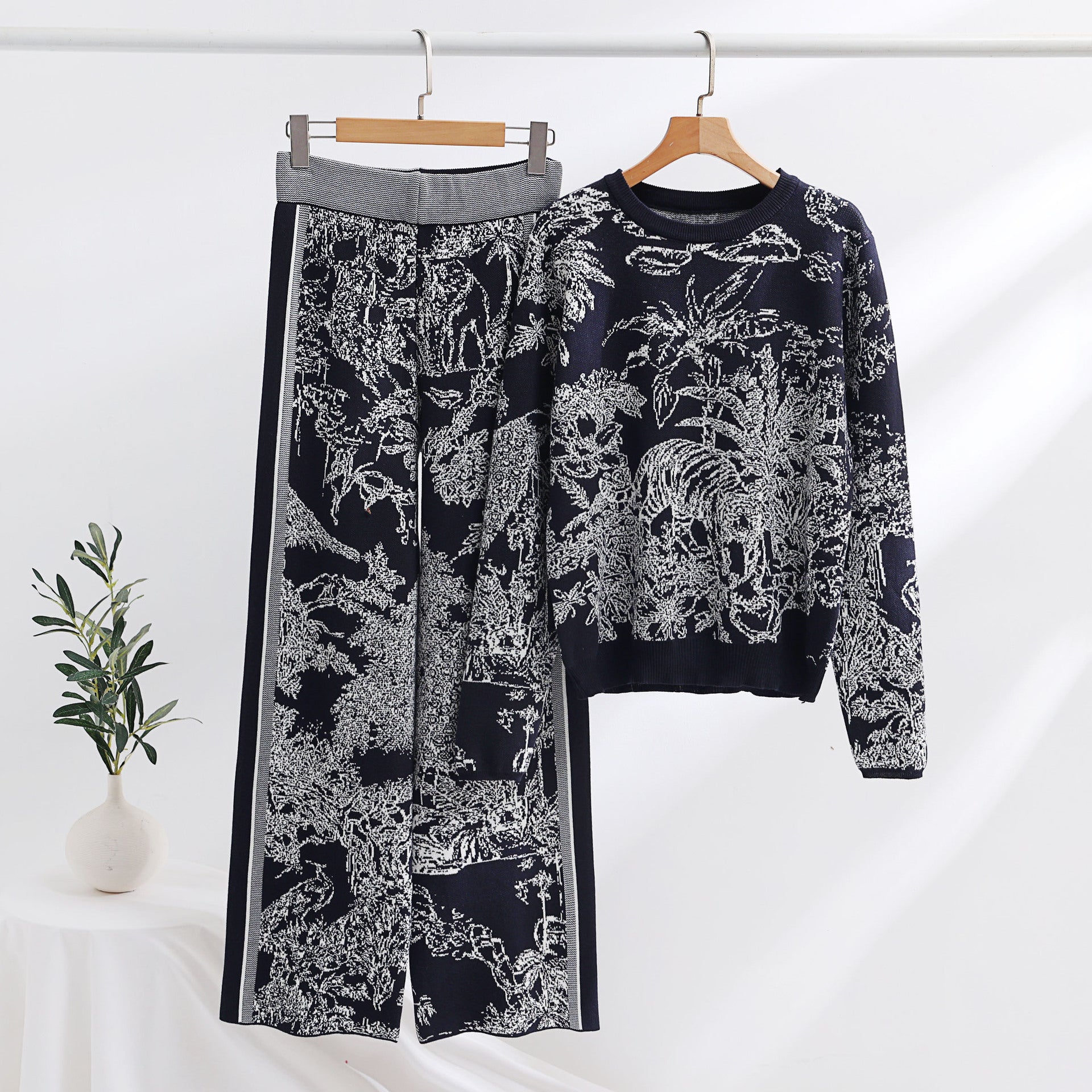 Knitting Patterns Two-piece Set Pullover Long Sleeve Sweater High Waist Wide Leg Top Suit