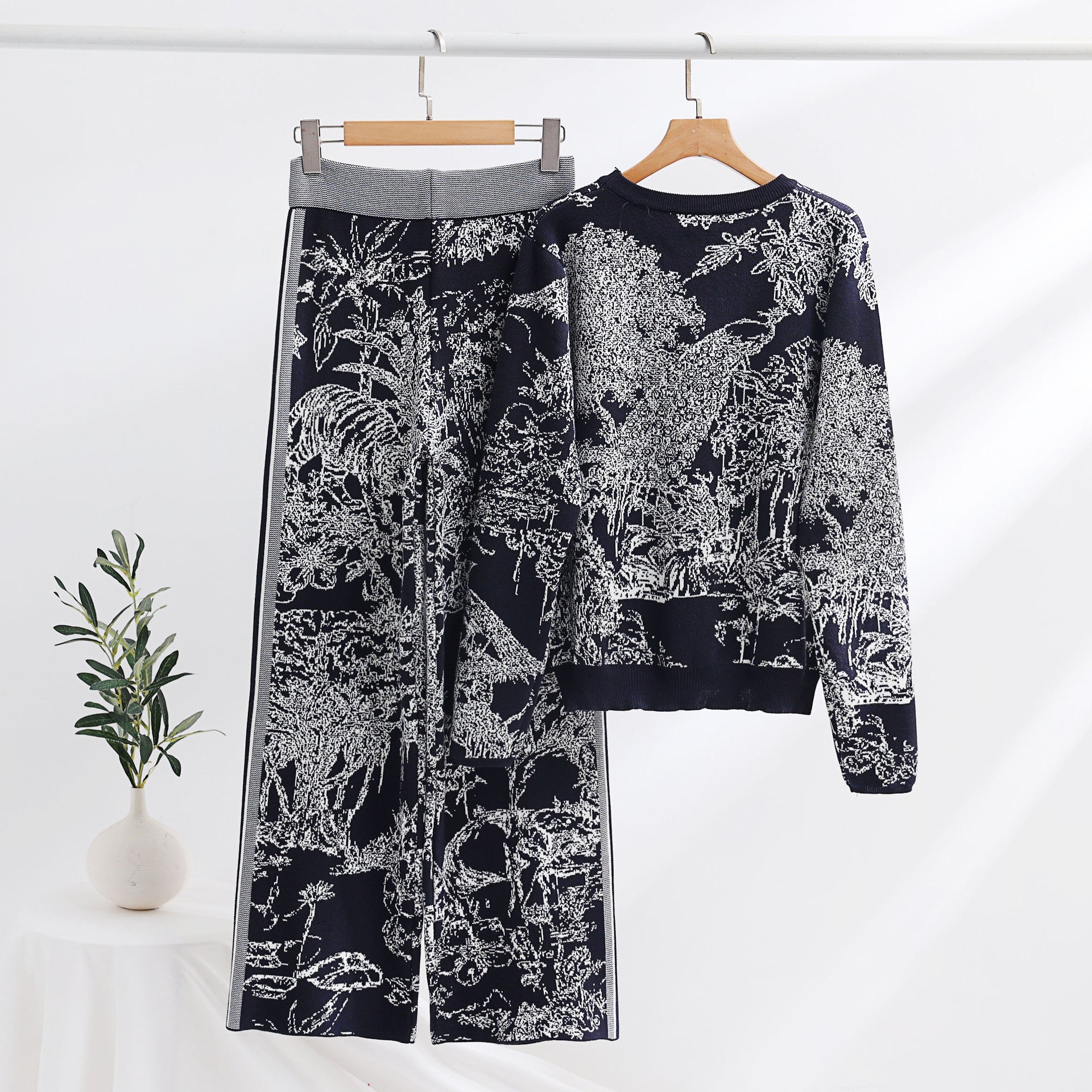 Knitting Patterns Two-piece Set Pullover Long Sleeve Sweater High Waist Wide Leg Top Suit