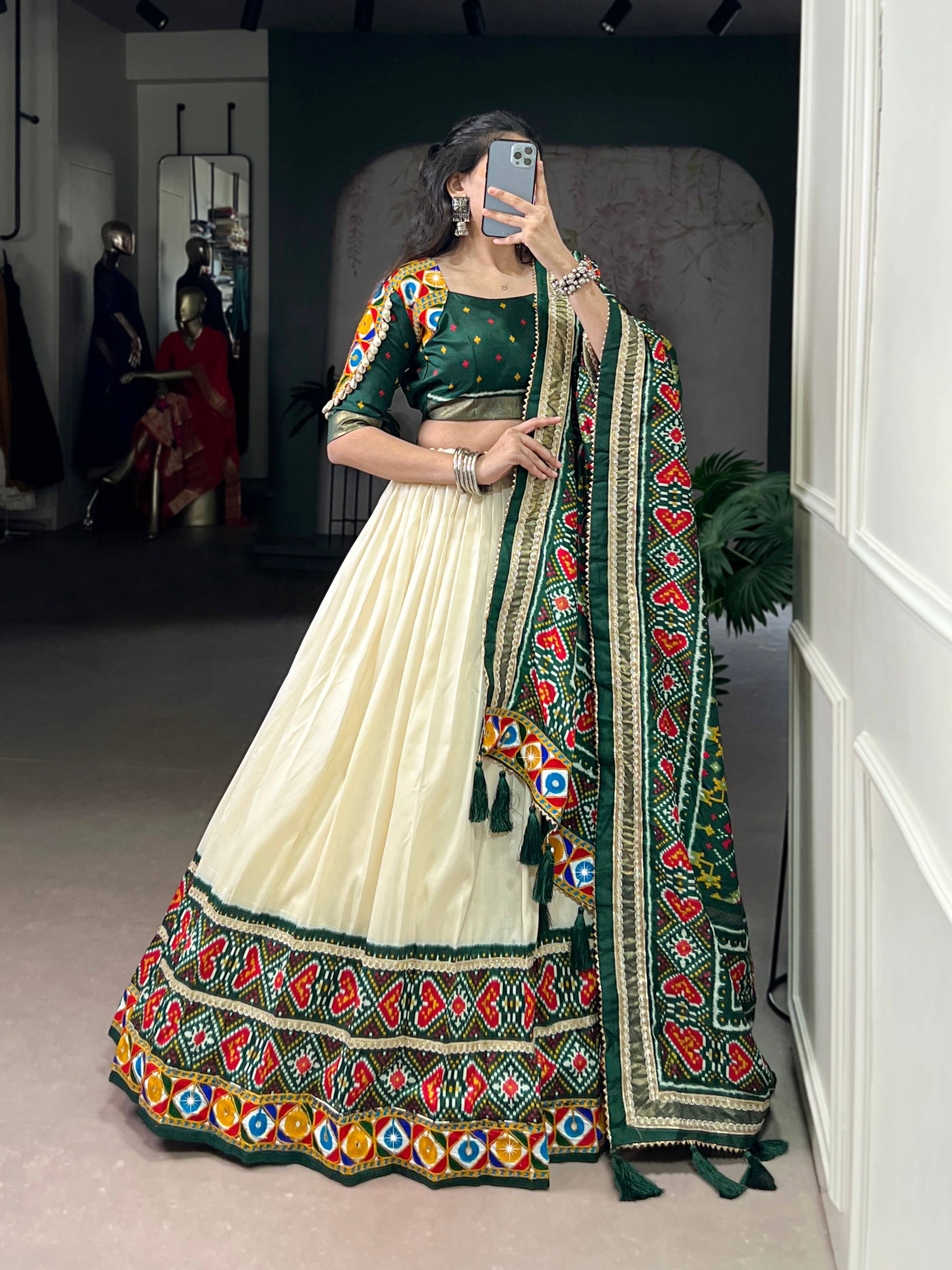 Off-White Tasar Silk Patola Print Lehenga Choli with Mirror Work