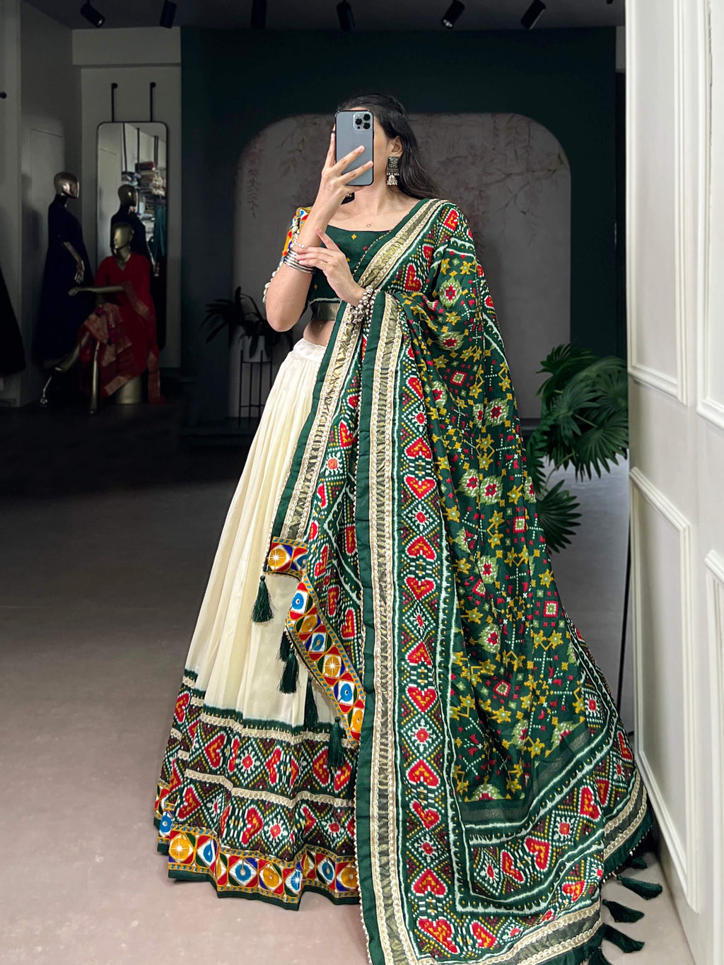 Off-White Tasar Silk Patola Print Lehenga Choli with Mirror Work