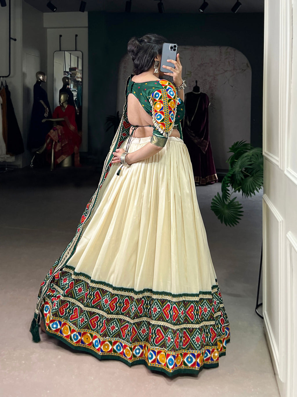 Off-White Tasar Silk Patola Print Lehenga Choli with Mirror Work