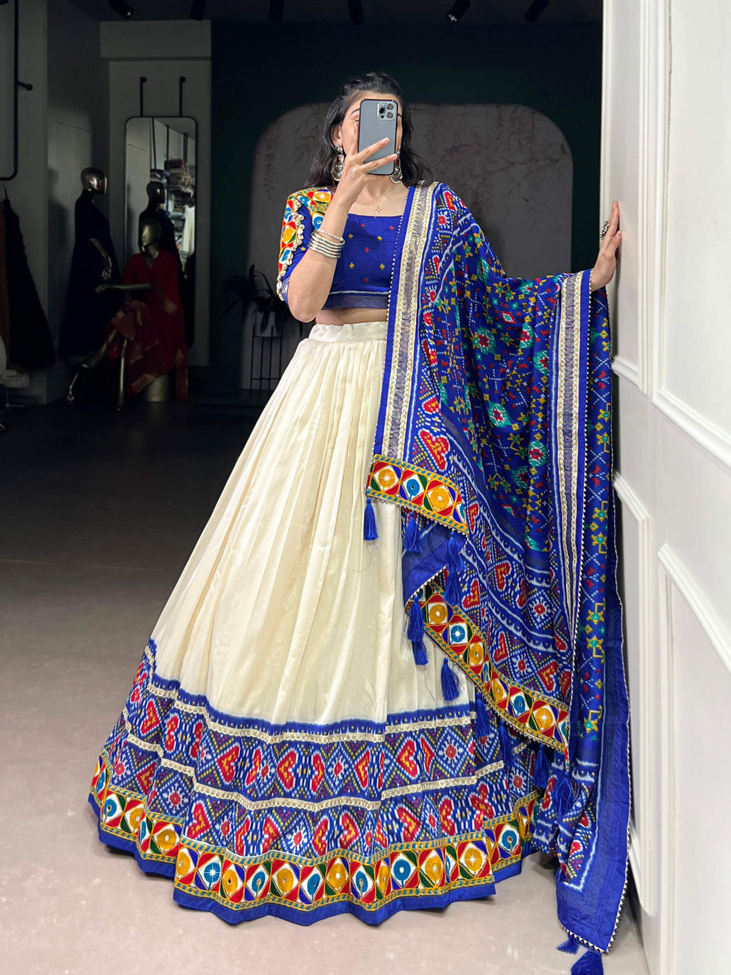 Offwhite Tasar Silk Patola Print Lehenga Choli with Foil & Mirror Work