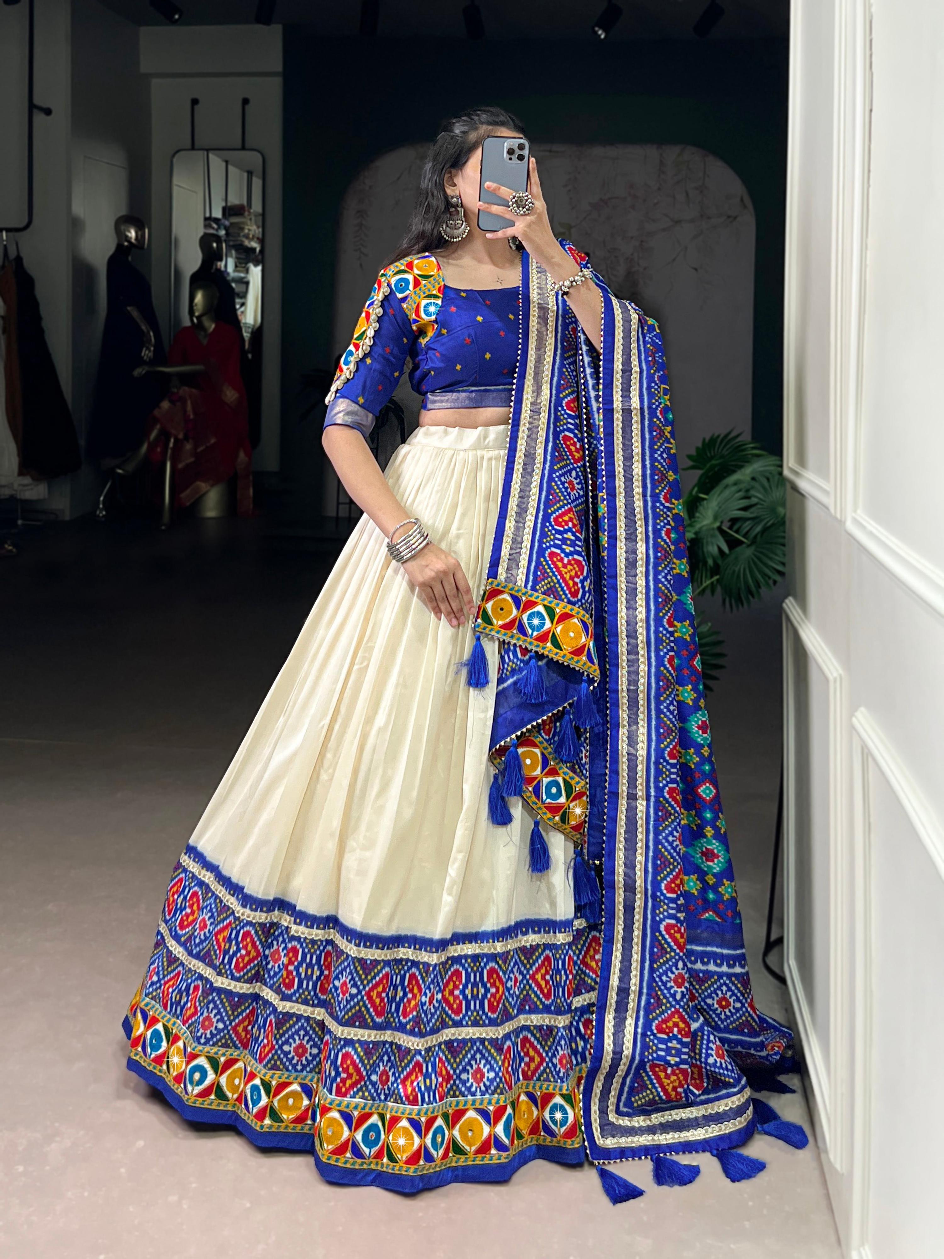Offwhite Tasar Silk Patola Print Lehenga Choli with Foil & Mirror Work