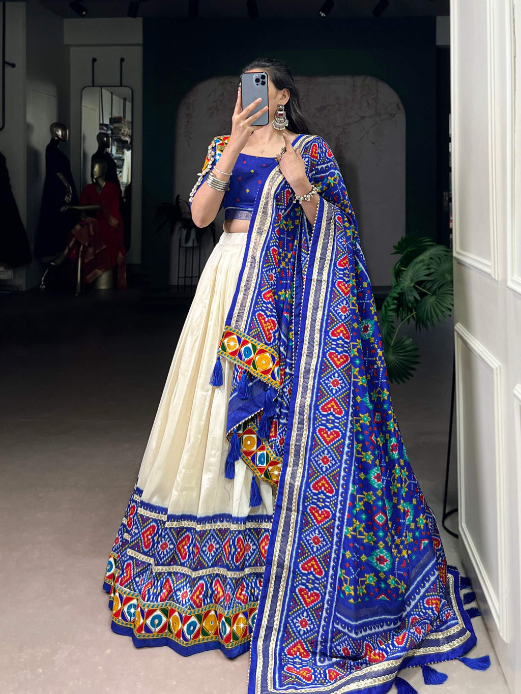 Offwhite Tasar Silk Patola Print Lehenga Choli with Foil & Mirror Work