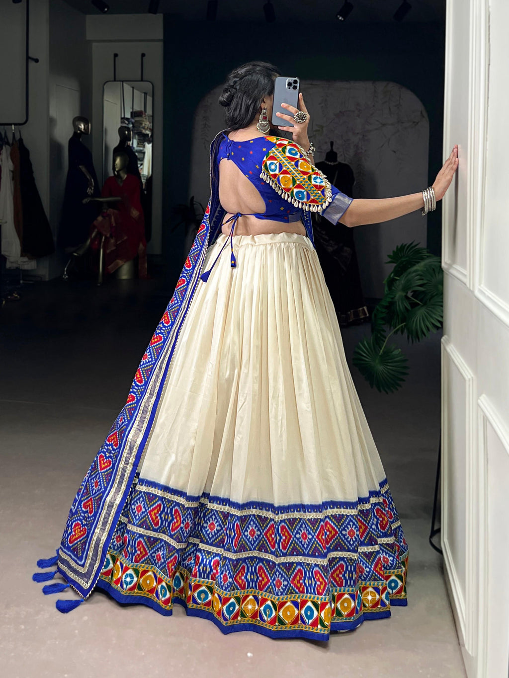 Offwhite Tasar Silk Patola Print Lehenga Choli with Foil & Mirror Work