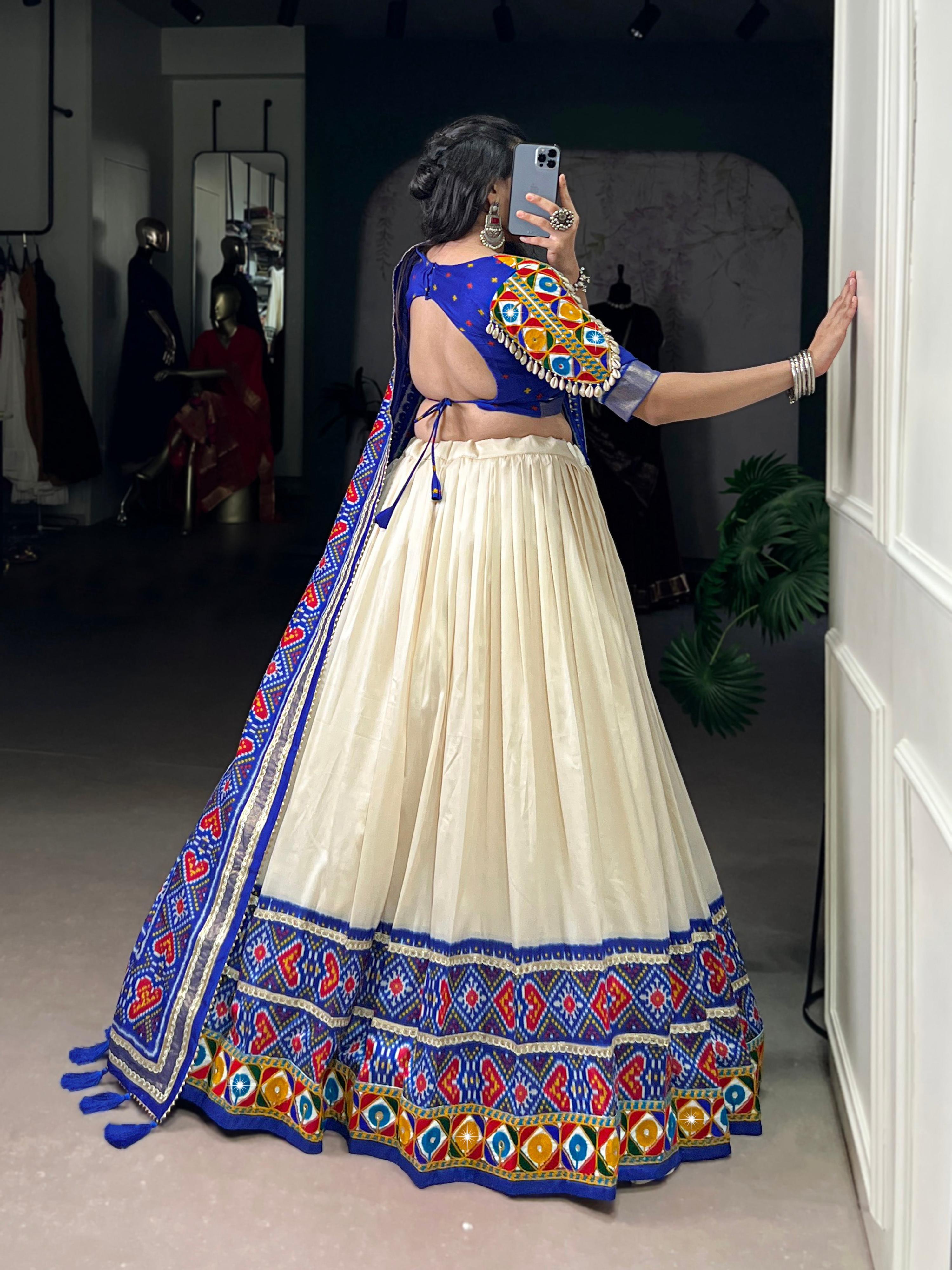 Offwhite Tasar Silk Patola Print Lehenga Choli with Foil & Mirror Work