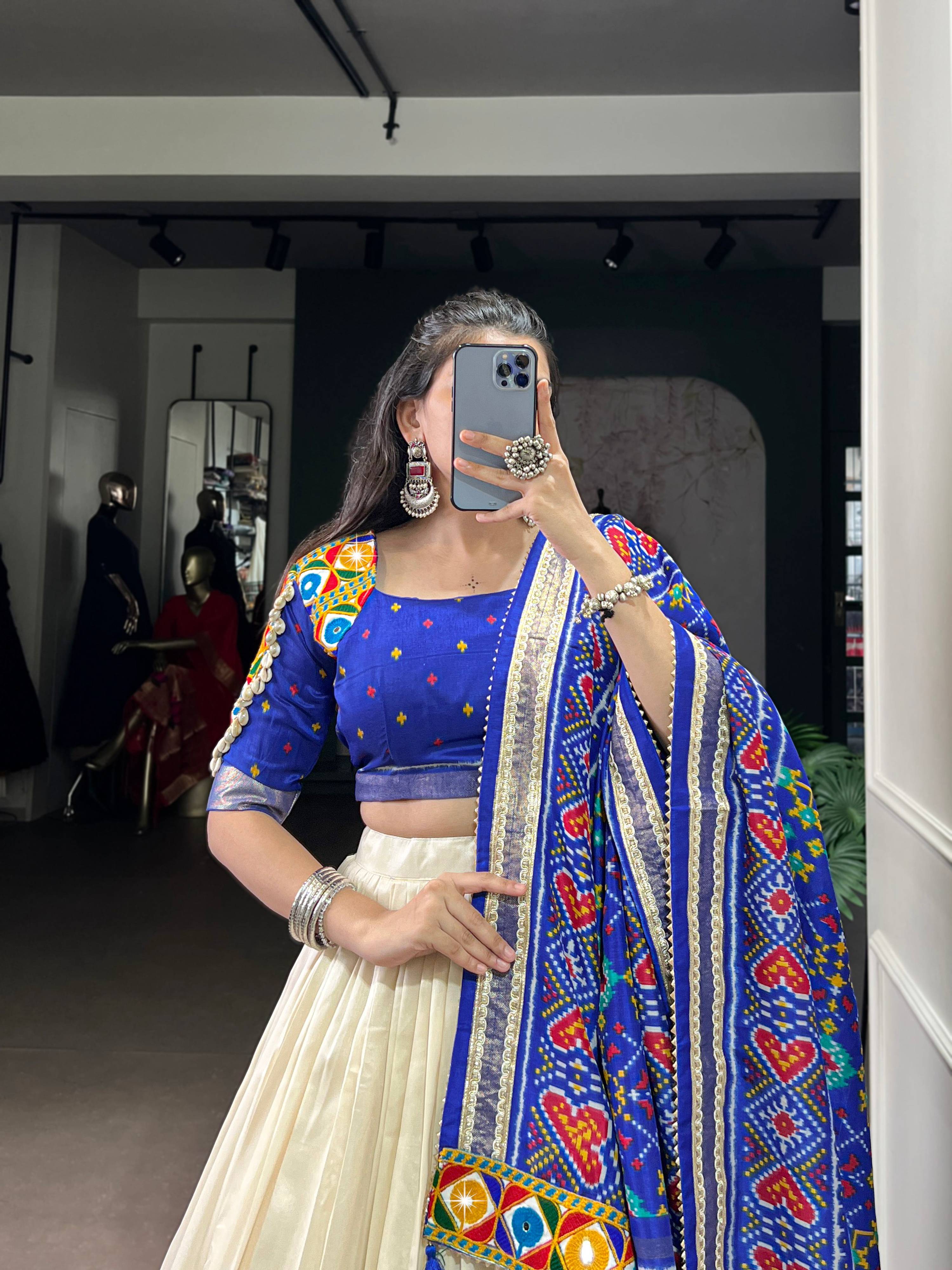 Offwhite Tasar Silk Patola Print Lehenga Choli with Foil & Mirror Work