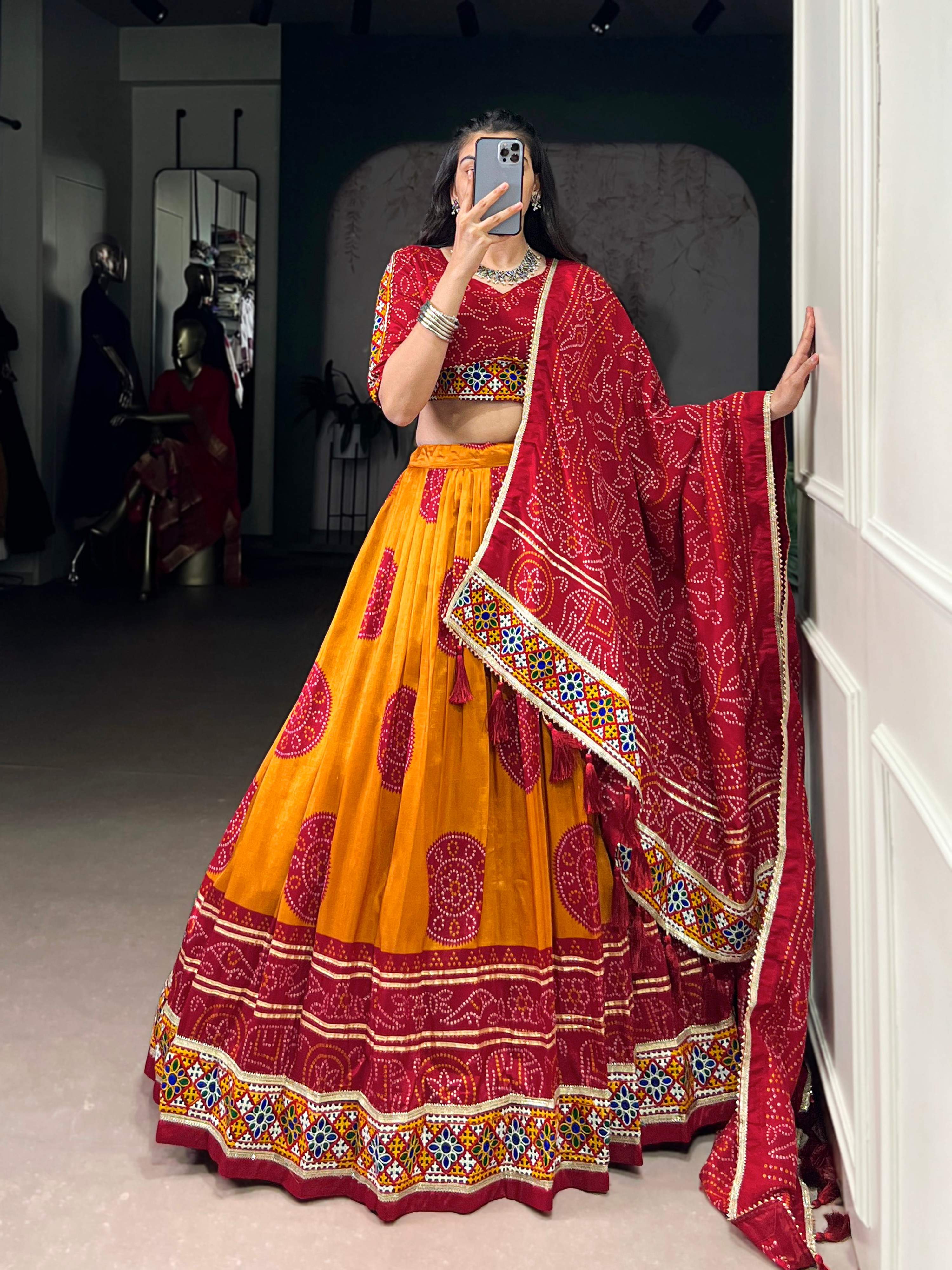 Mustard Tasar Silk Bandhej Print Lehenga Choli with Gamthi Work