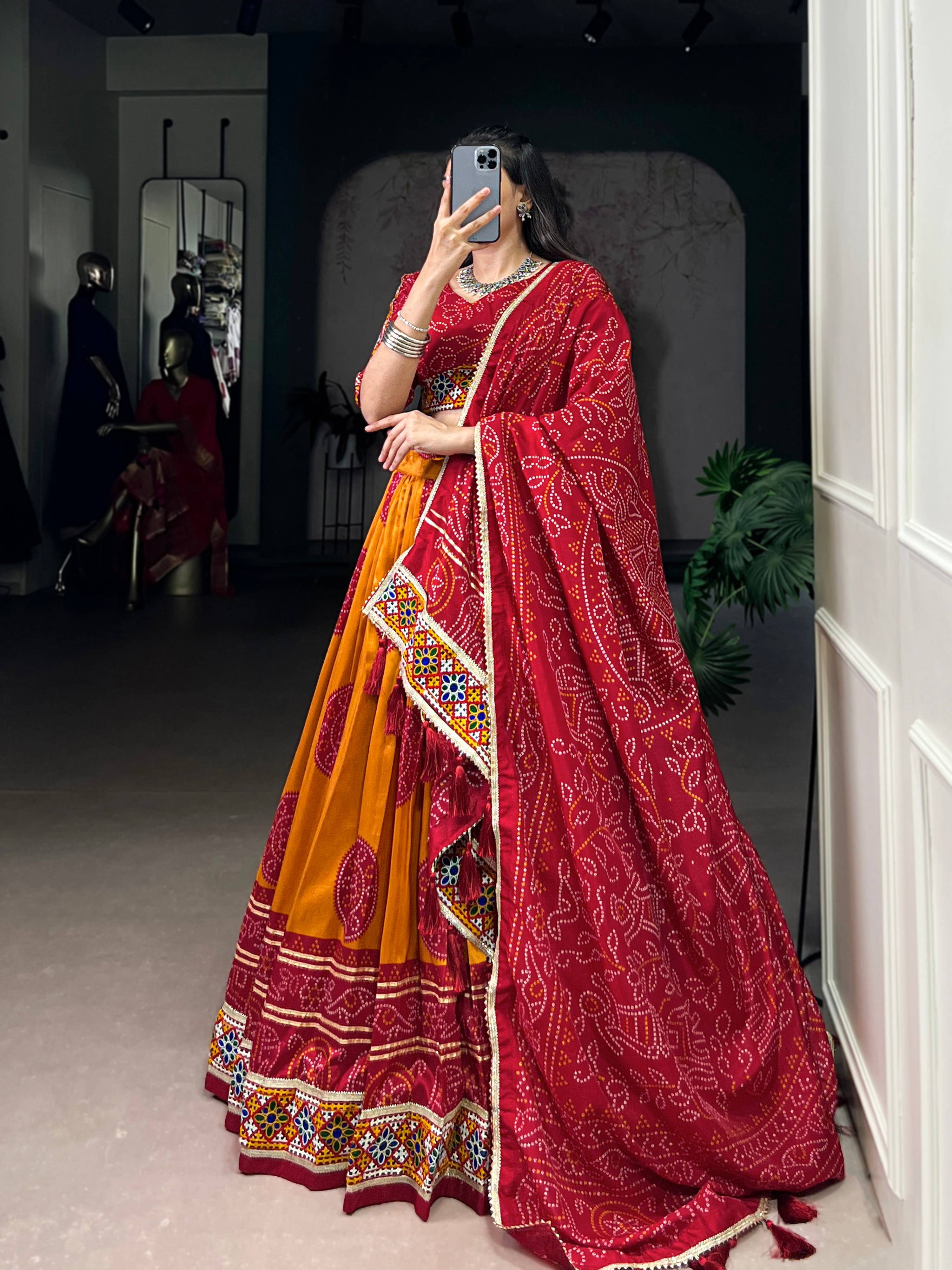 Mustard Tasar Silk Bandhej Print Lehenga Choli with Gamthi Work