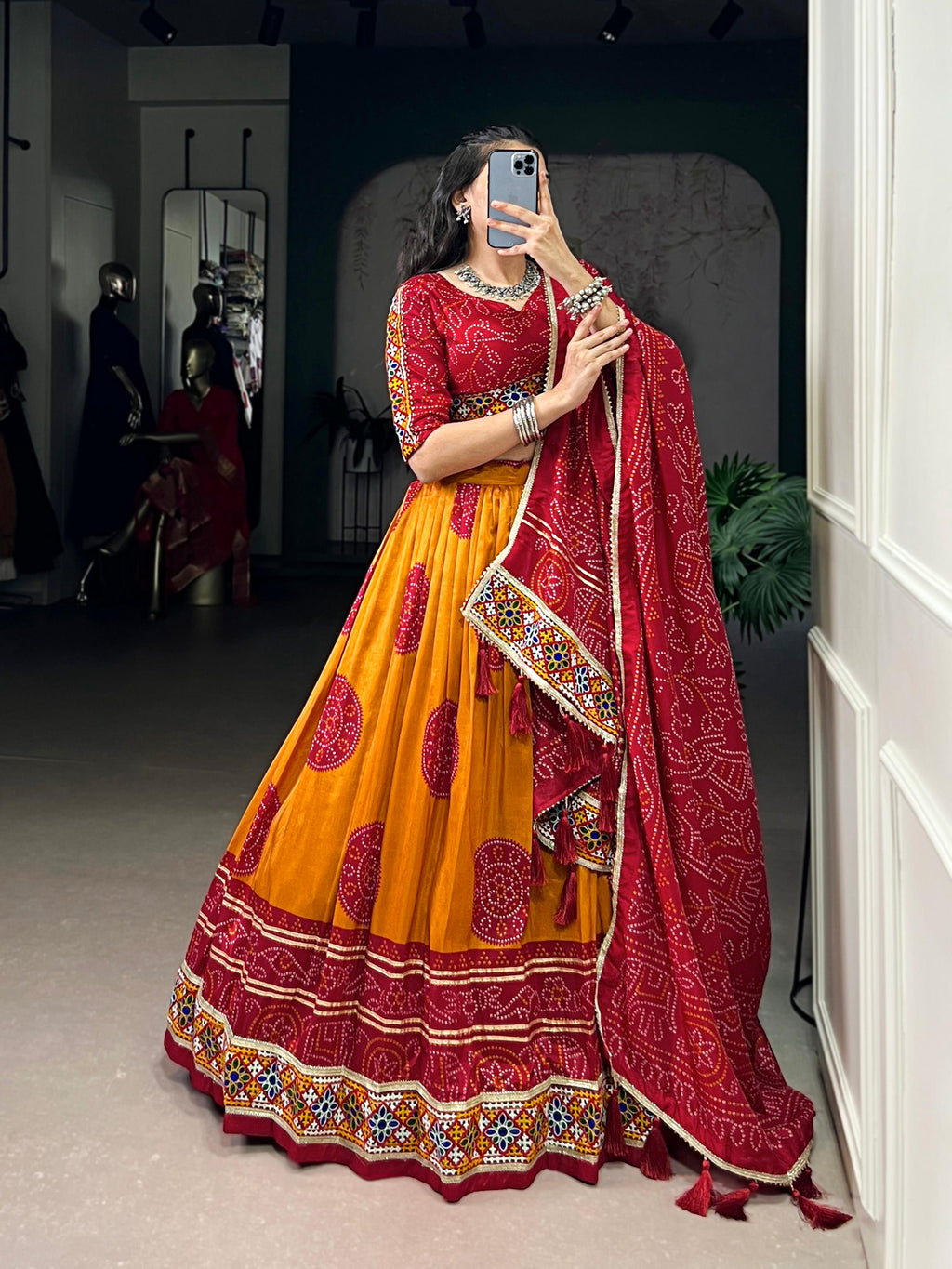 Mustard Tasar Silk Bandhej Print Lehenga Choli with Gamthi Work