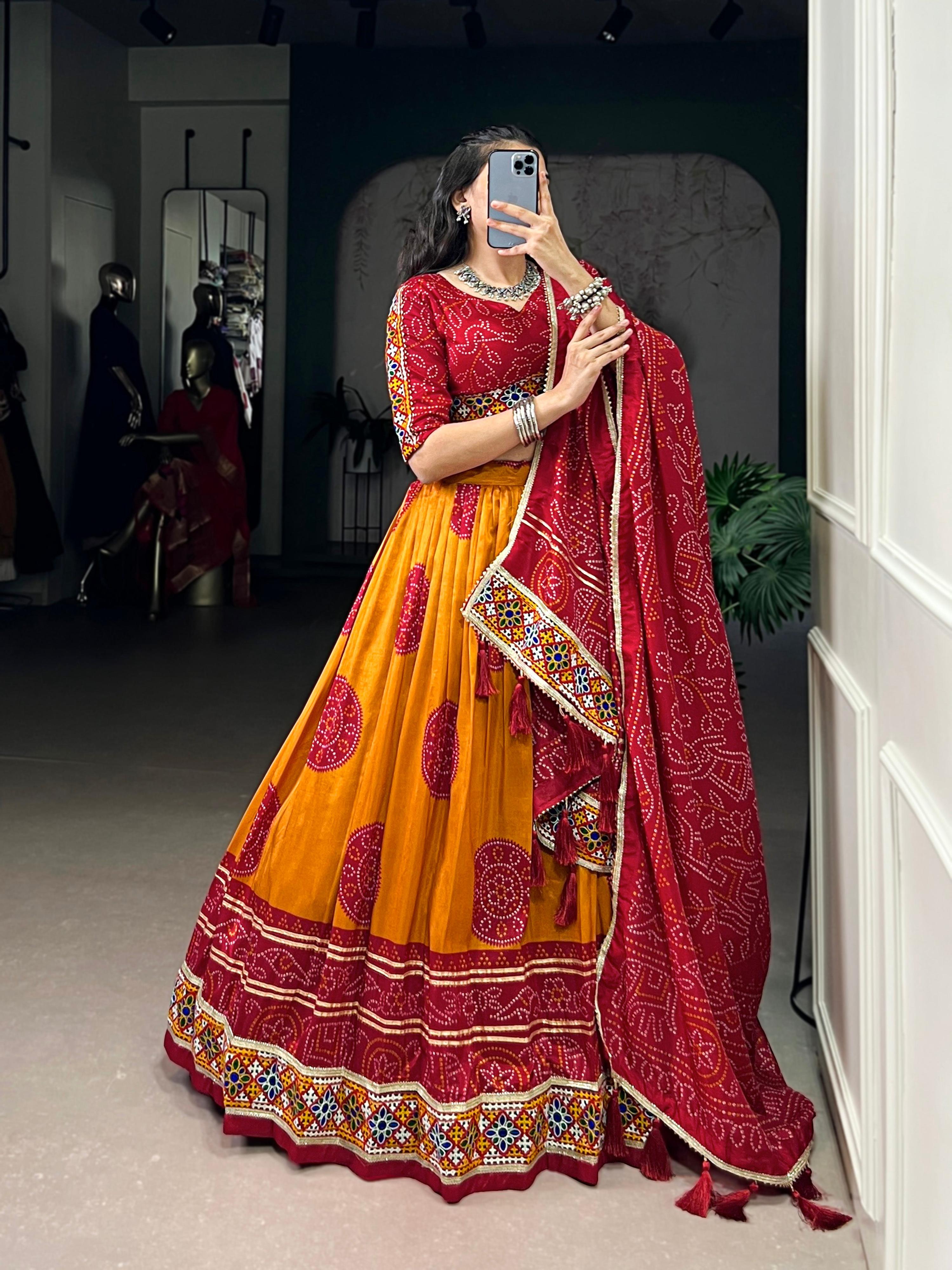 Mustard Tasar Silk Bandhej Print Lehenga Choli with Gamthi Work