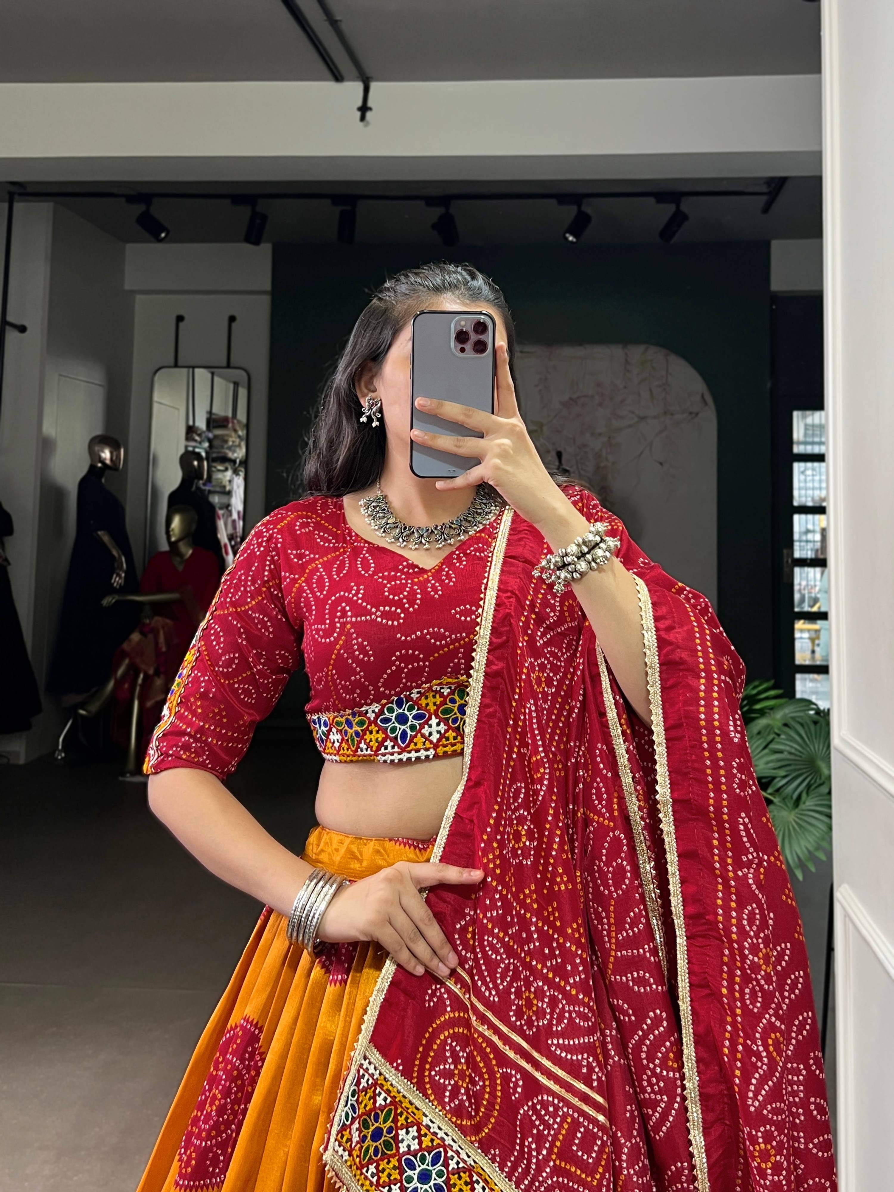 Mustard Tasar Silk Bandhej Print Lehenga Choli with Gamthi Work