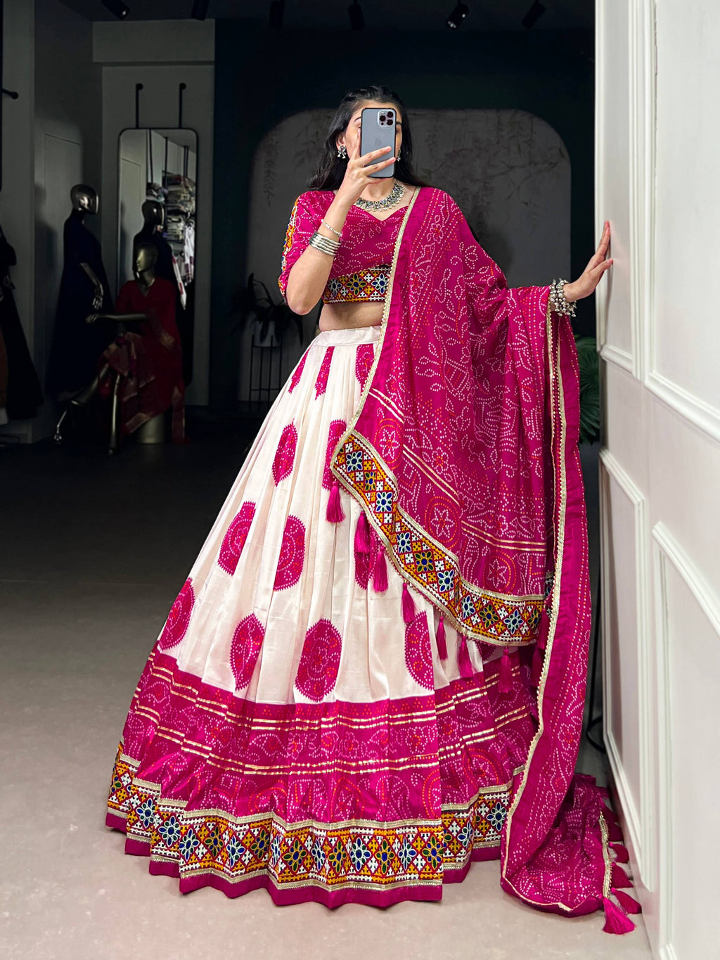 Off-White Tasar Silk Bandhej Lehenga Choli with Magenta Accents