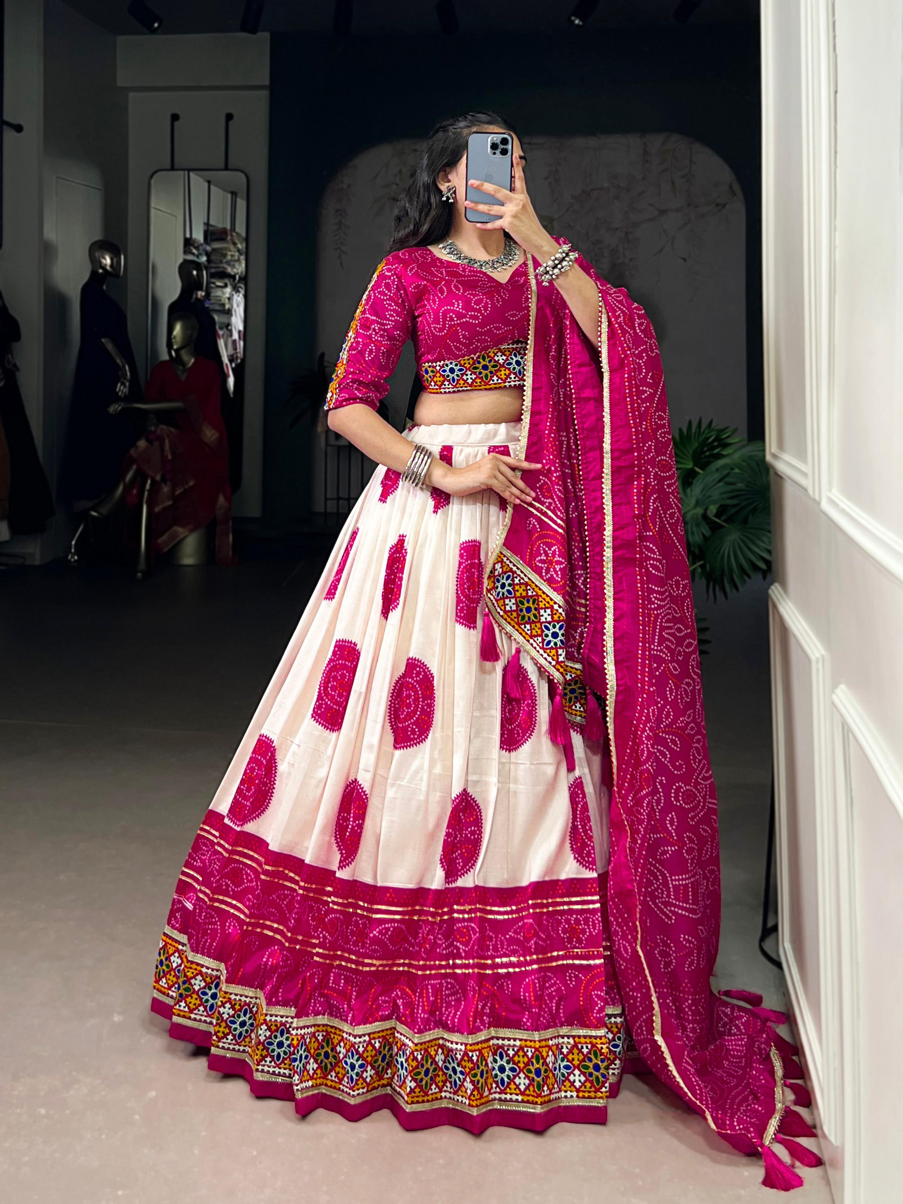 Off-White Tasar Silk Bandhej Lehenga Choli with Magenta Accents