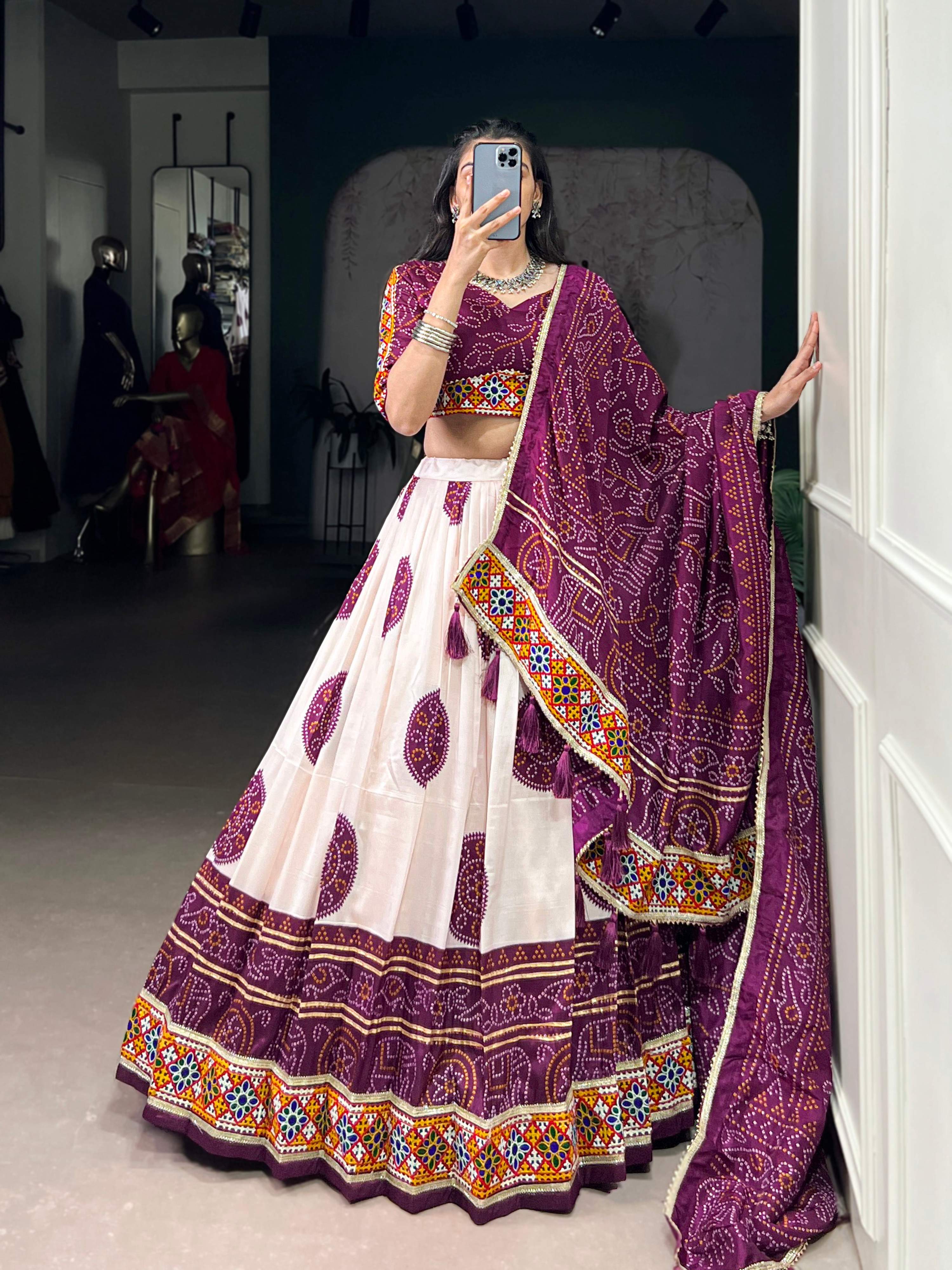 Off-White Tasar Silk Bandhej Lehenga Choli with Plum Purple Details