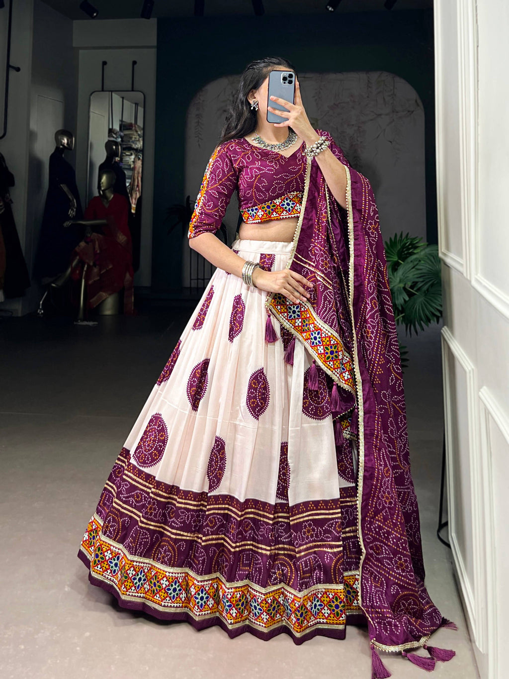 Off-White Tasar Silk Bandhej Lehenga Choli with Plum Purple Details