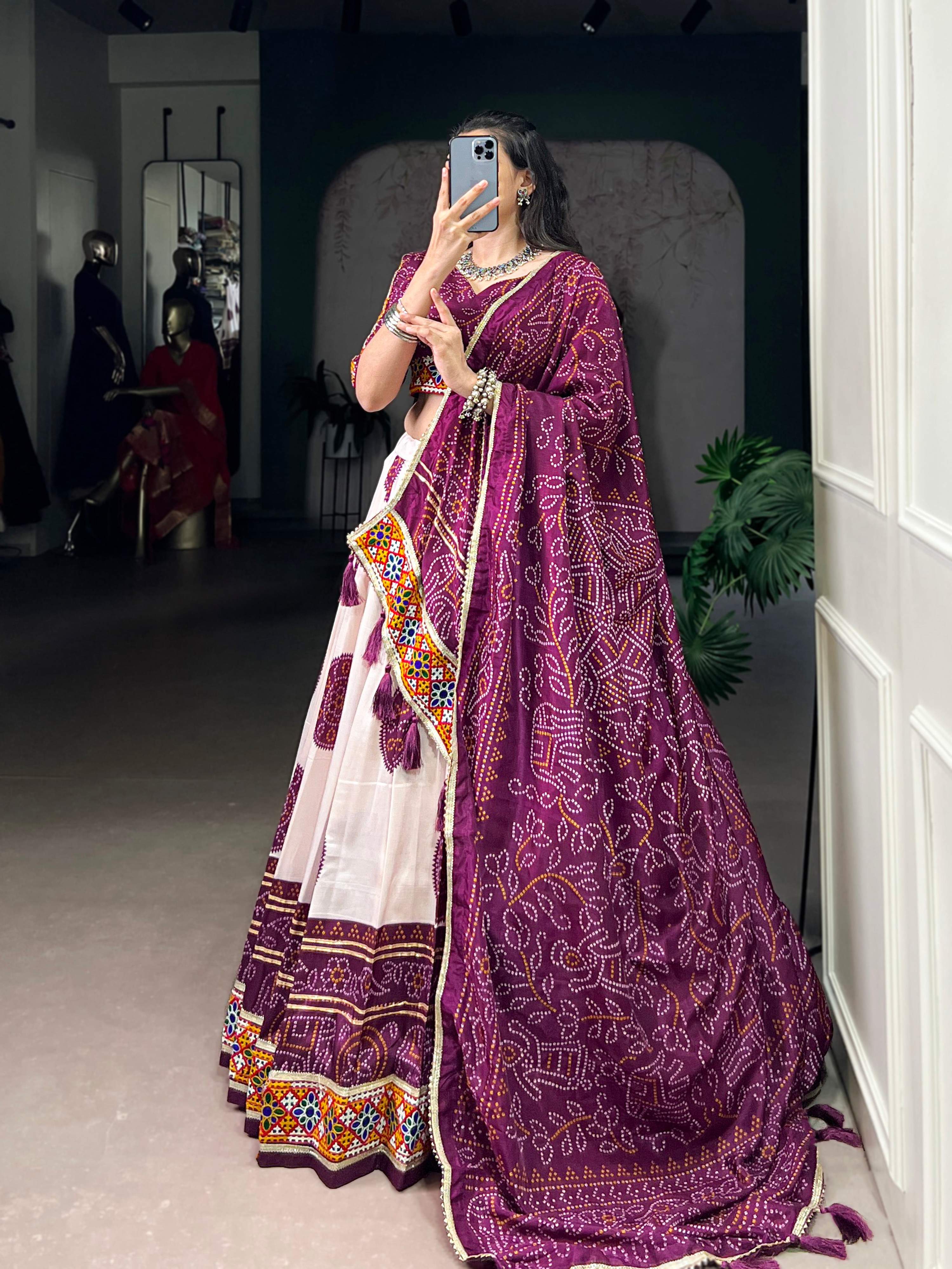 Off-White Tasar Silk Bandhej Lehenga Choli with Plum Purple Details