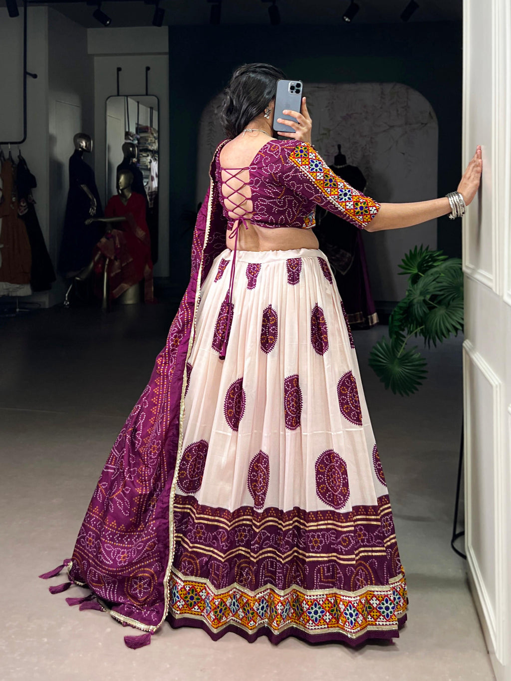 Off-White Tasar Silk Bandhej Lehenga Choli with Plum Purple Details