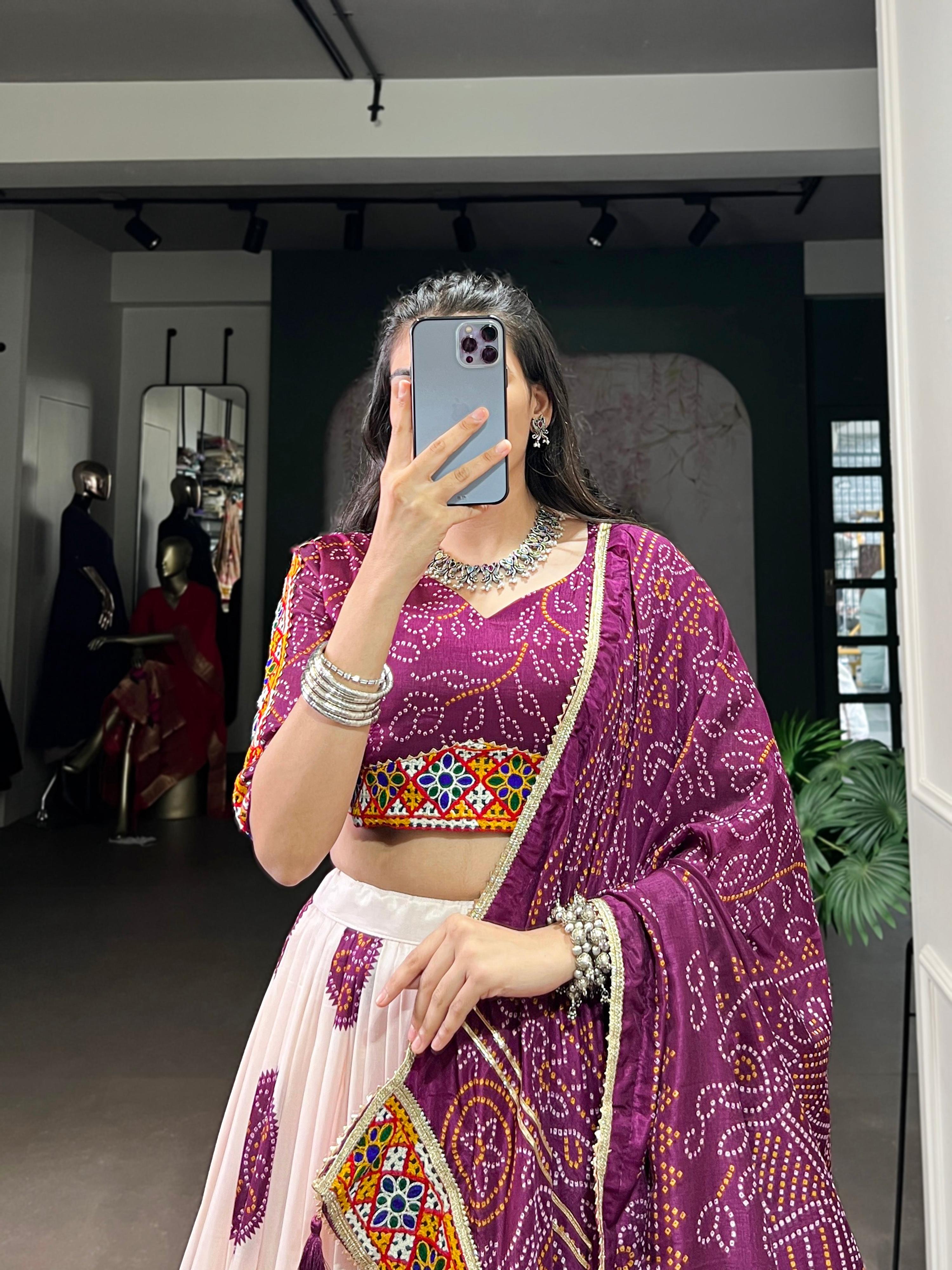 Off-White Tasar Silk Bandhej Lehenga Choli with Plum Purple Details