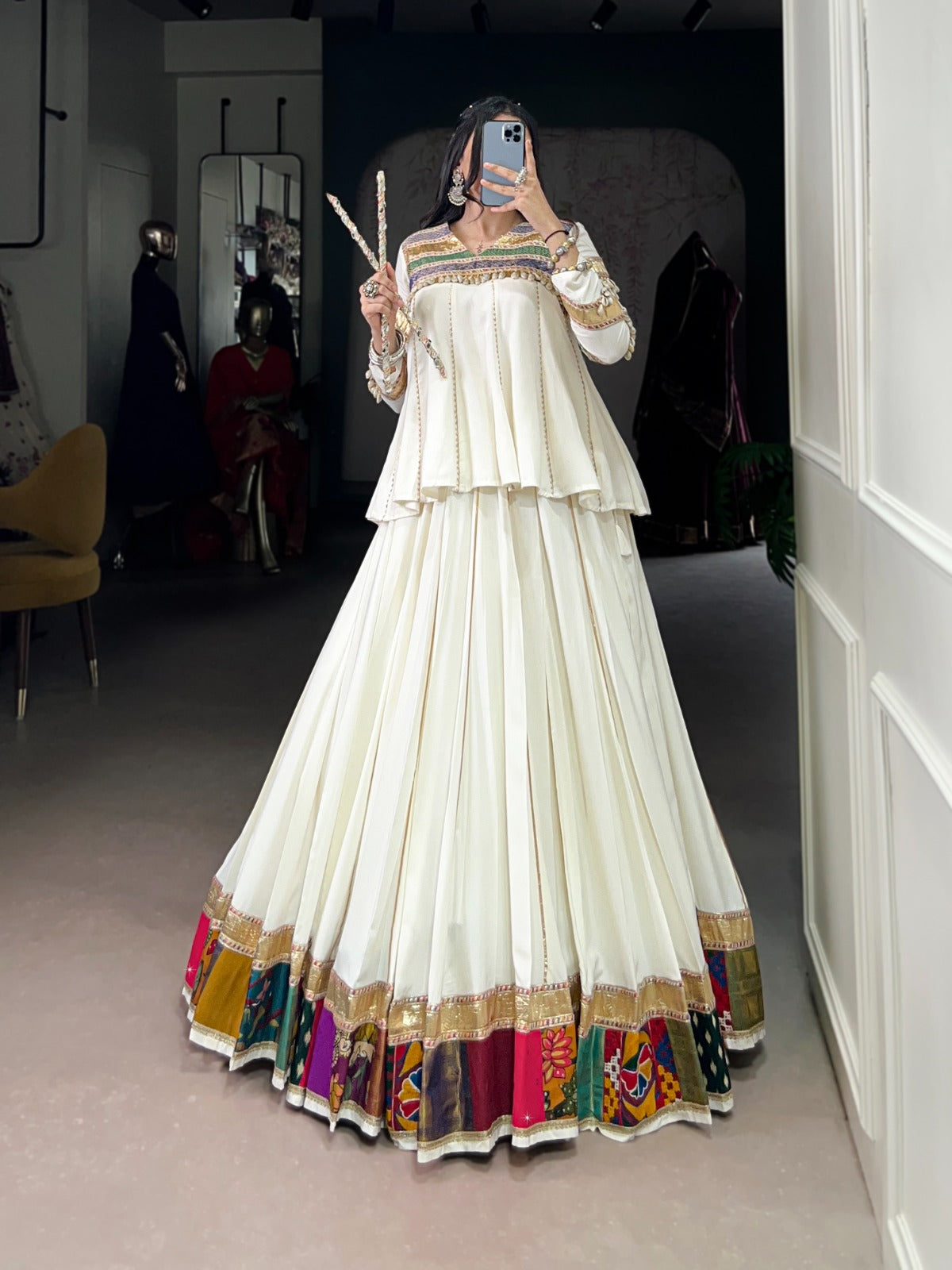 White Rayon lehenga with multi-patch work and Gota Patti lace for Navratri