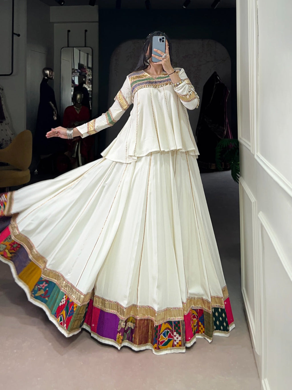 White Pure Rayon Multi Patch Work Lehenga Choli with Gota Patti