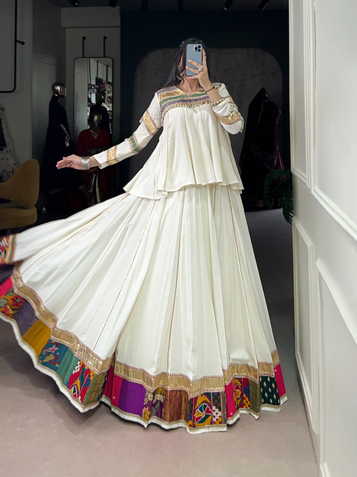 White Pure Rayon Multi Patch Work Lehenga Choli with Gota Patti