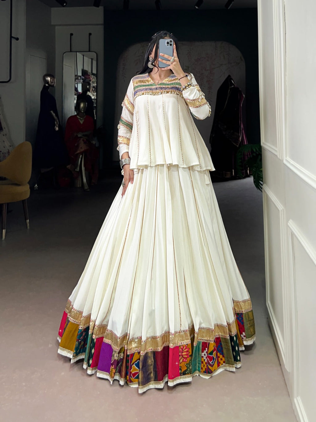 White Pure Rayon Multi Patch Work Lehenga Choli with Gota Patti