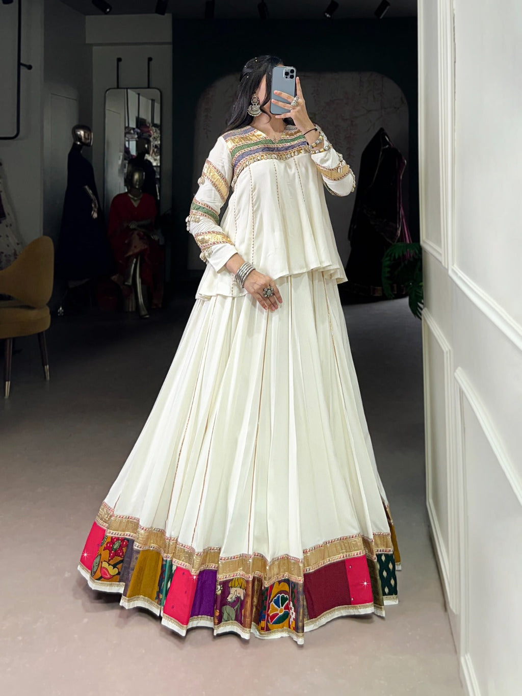 White Pure Rayon Multi Patch Work Lehenga Choli with Gota Patti