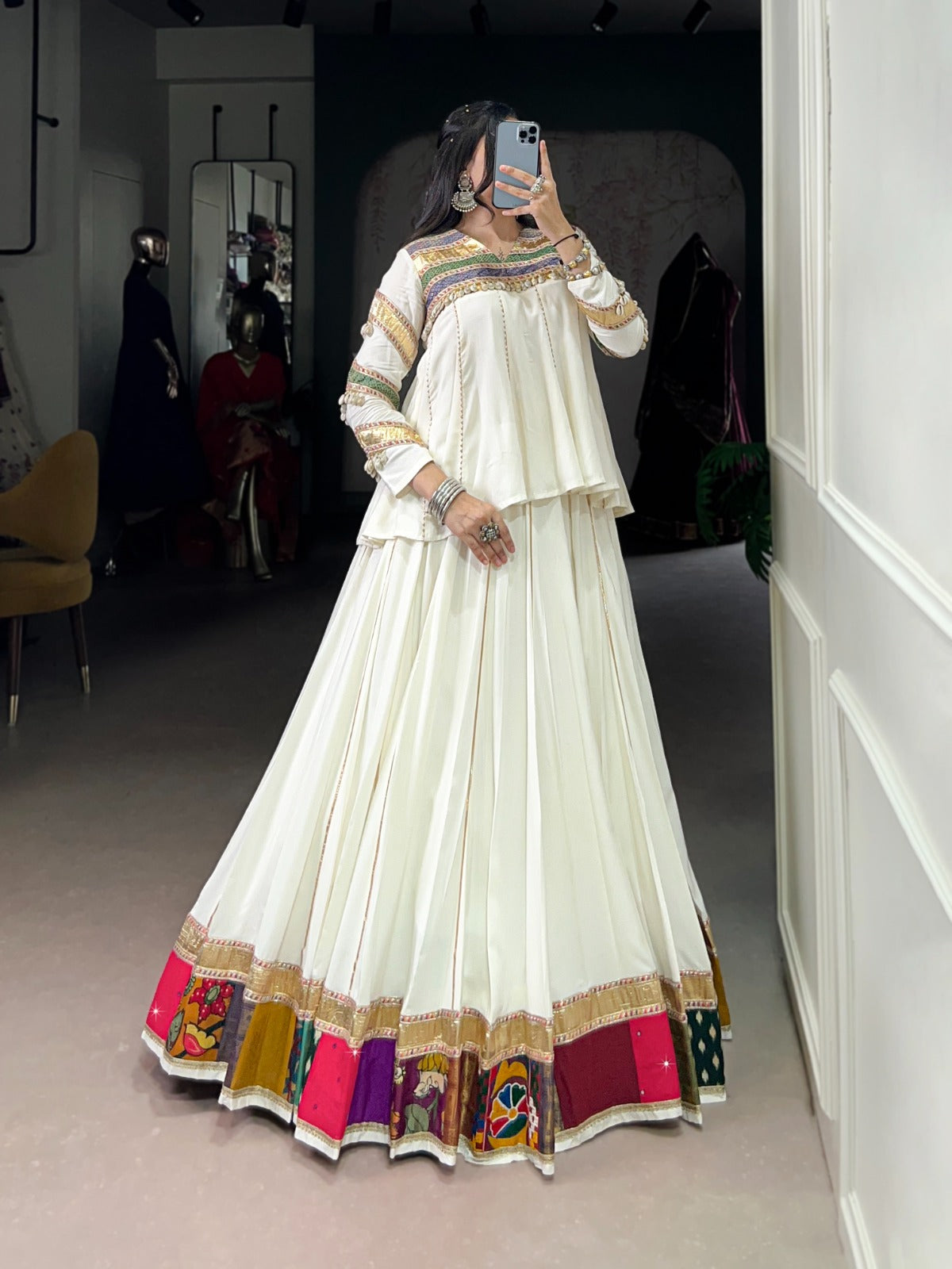 White Pure Rayon Multi Patch Work Lehenga Choli with Gota Patti