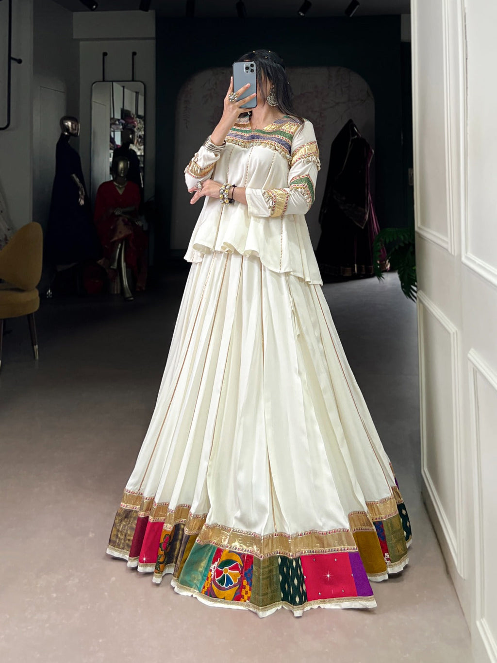 White Pure Rayon Multi Patch Work Lehenga Choli with Gota Patti